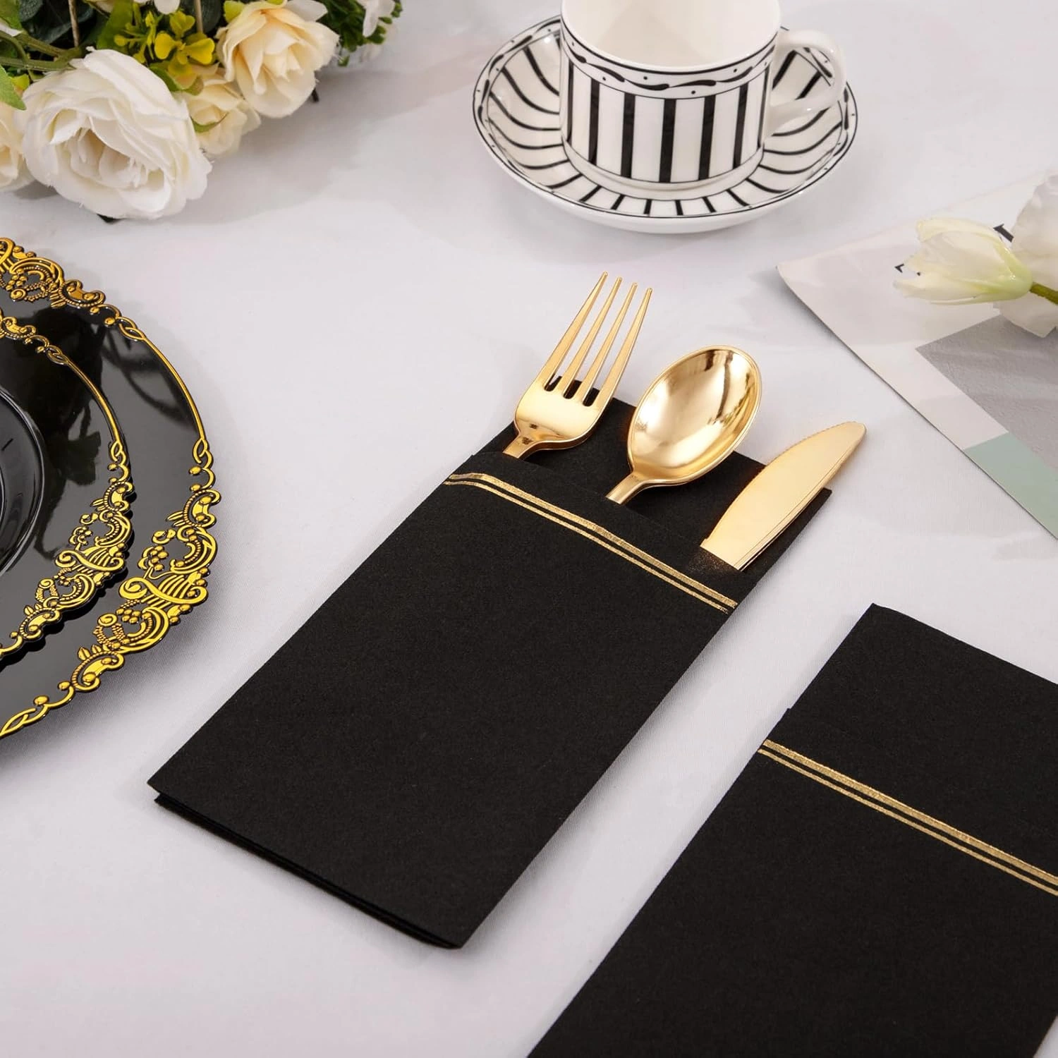Black Paper Napkins with Built-in Flatware Pocket — view 12