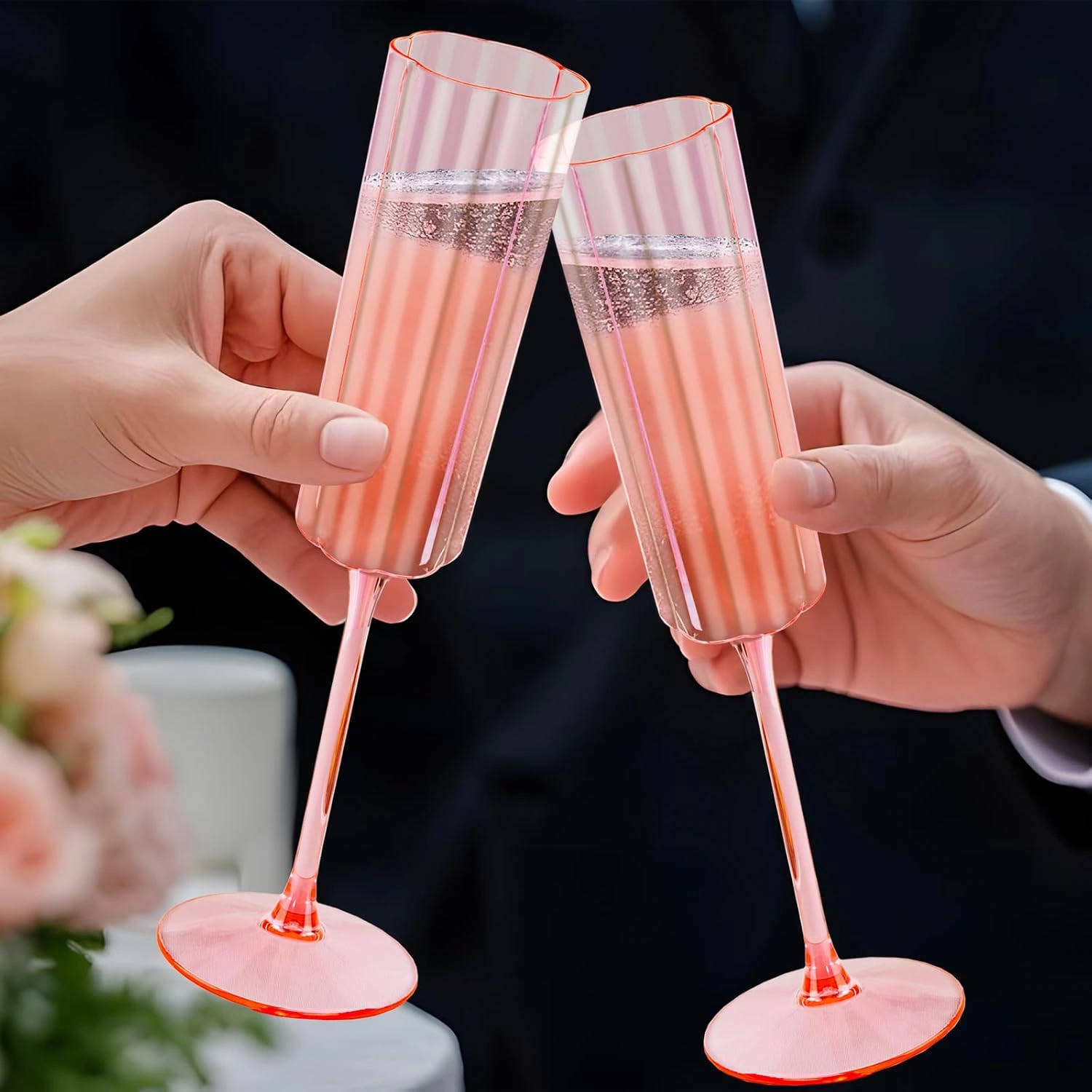 Pink Plastic Champagne Flutes, Long Stem,Clear, Vintage Flower Design (6 oz, 24 Pack) — view 16