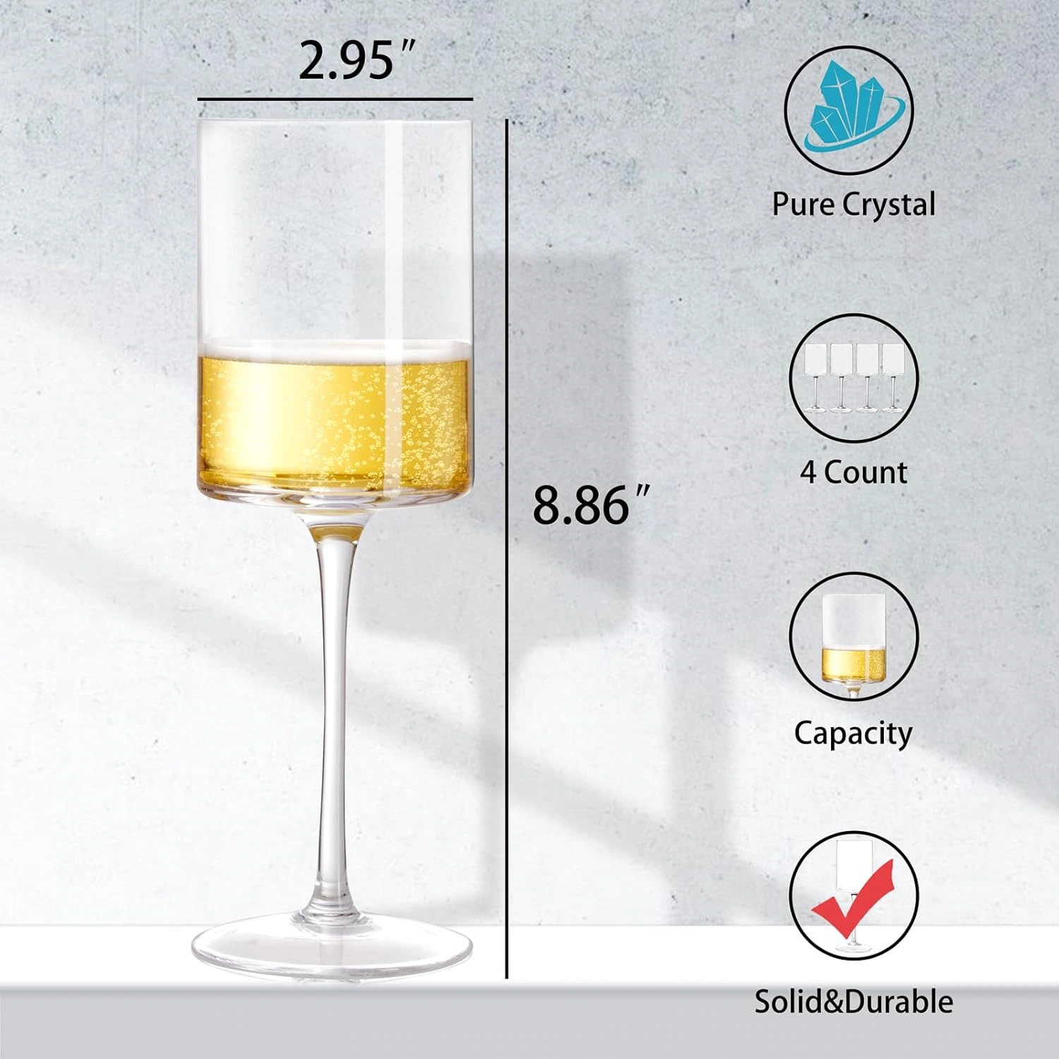 Square Crystal Wine Glasses, Long Stem, Dishwasher Safe (14 oz) — view 12