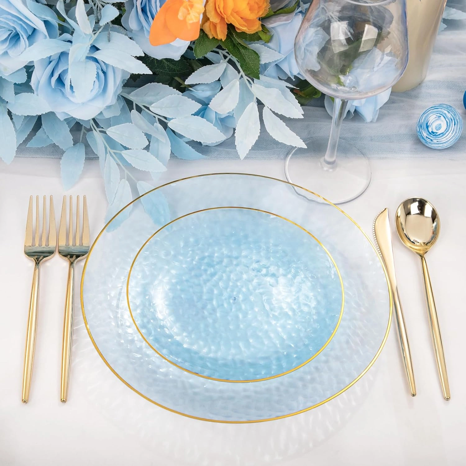 Clear Blue Gold Plastic Plates,Disposable Plates With Rim,Heavy-duty Plates,Hammered Party Plates Include 30Clear Dessert-Platos,30Dinner-Platos for Wedding, Party — view 13