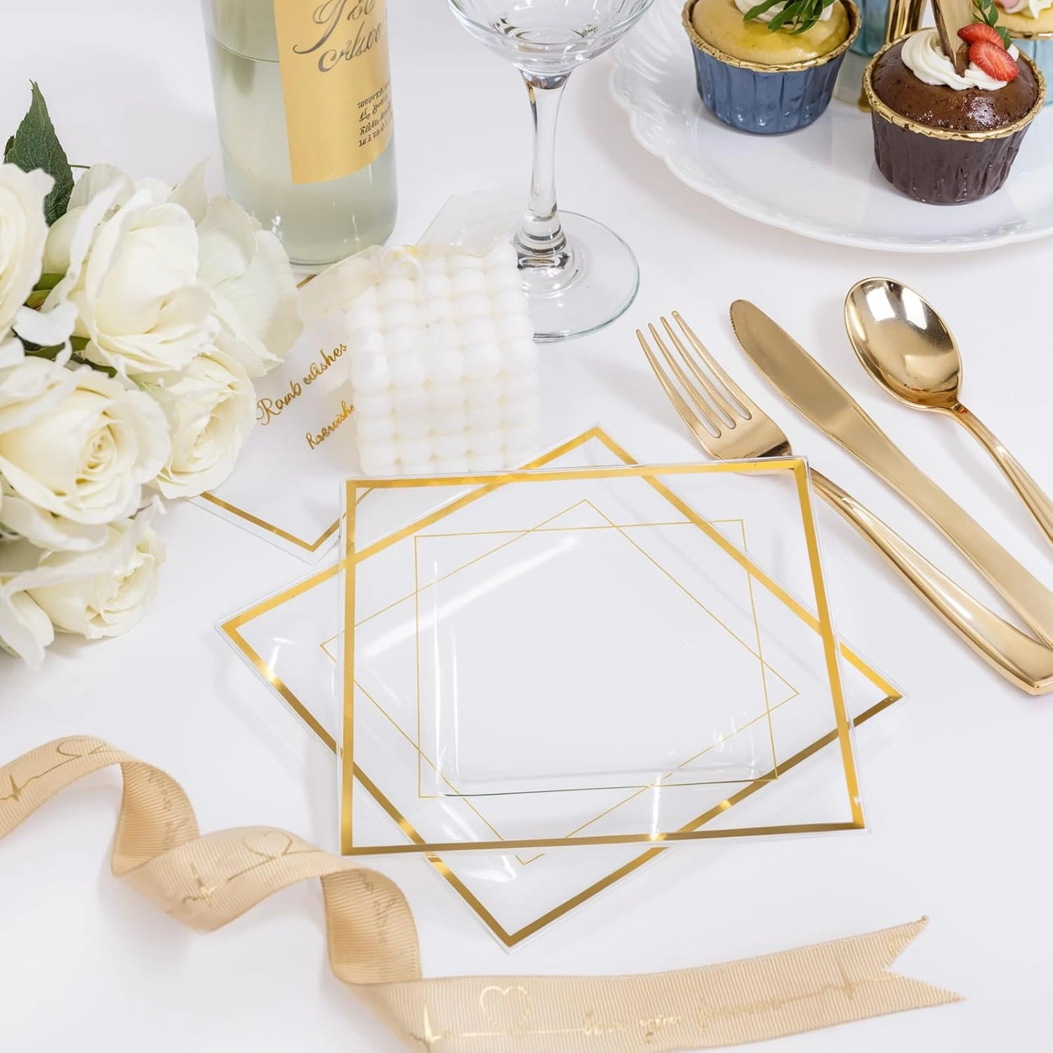 Clear Gold Square Plastic Plates-6inch Disposable Cake Plates- Premium Hard Square Small Appetizer Plates for Wedding/Party — view 15