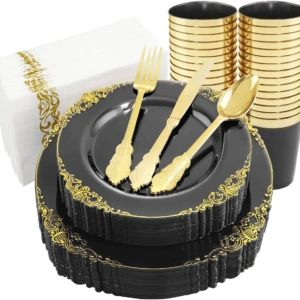 Black & Gold Dinnerware Set for 25 Guests — view 11