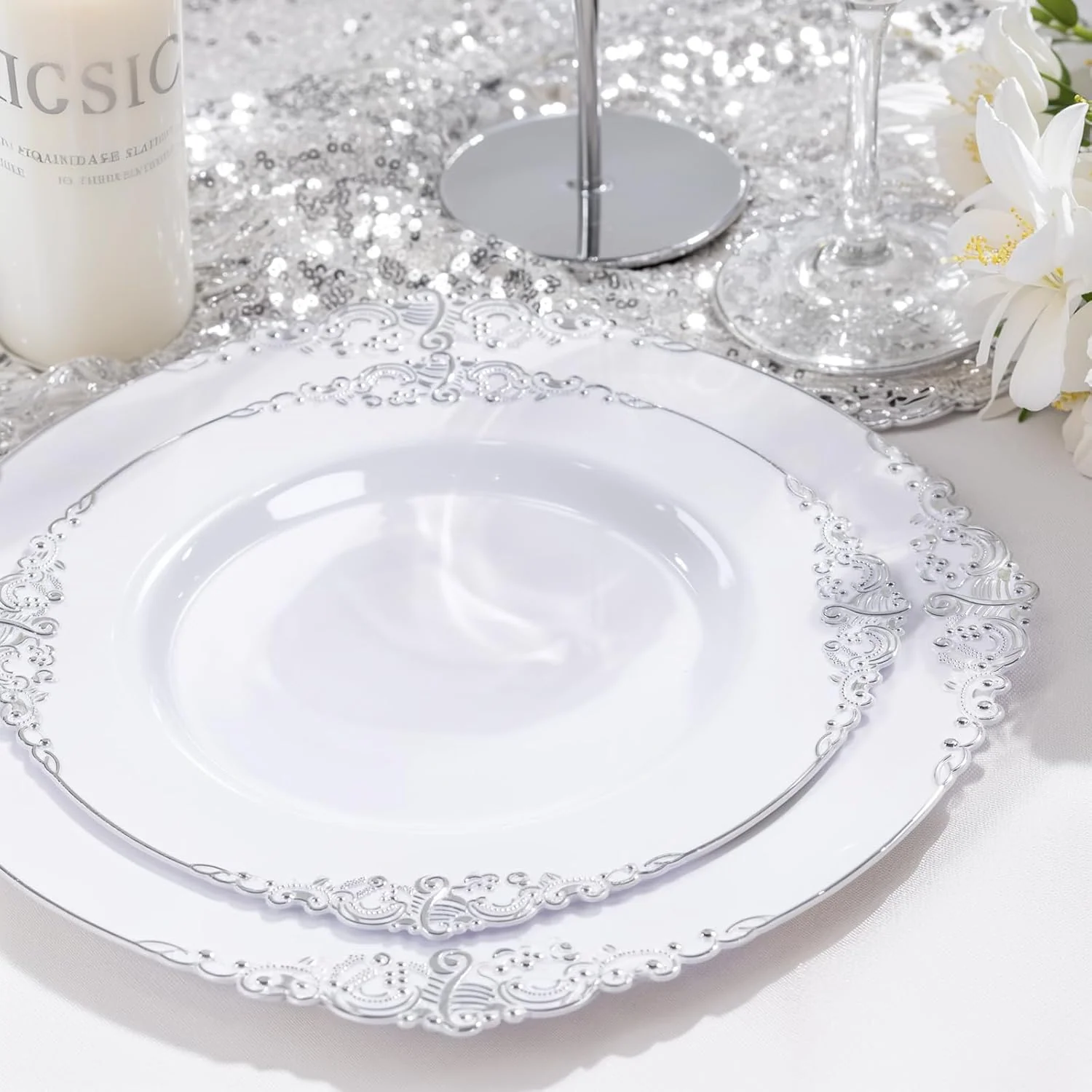 Silver & White Dinnerware Set for 25 Guests — view 15