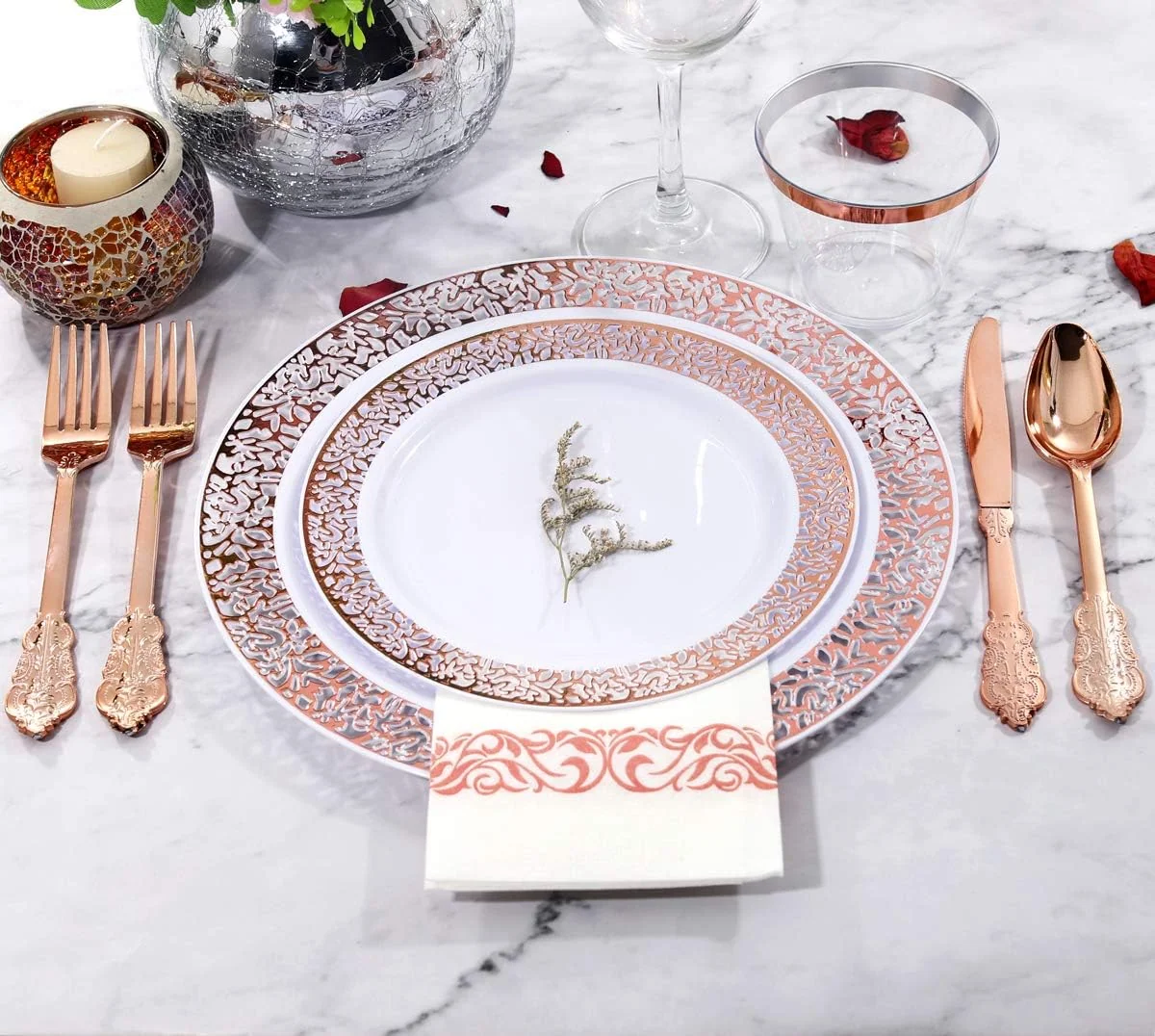 Rose Gold Lace Design Deluxe Disposable Dinnerware Set with Napkins — view 13