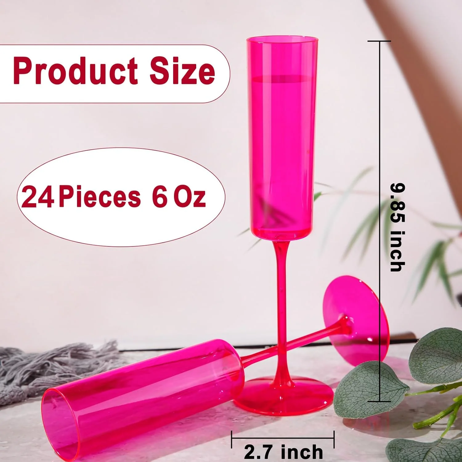 Hot Pink Square Plastic Champagne Flutes, Steammed, Clear Design (6 oz) — view 12