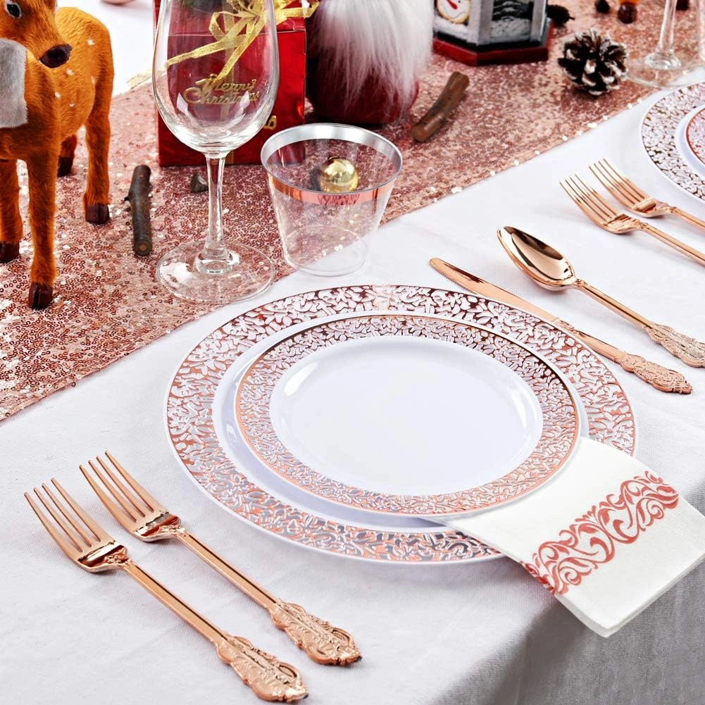 Rose Gold Lace Design Deluxe Disposable Dinnerware Set with Napkins — view 14