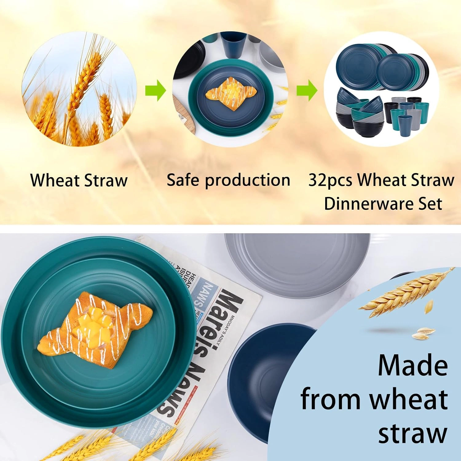 Blue & Green & Grey & Black Wheat Straw Dinnerware Sets,Unbreakable Dinner Plates for 8,Microwave Dishwasher Safe,Reusable ,Set Plates, Bowls, Cups. — view 15