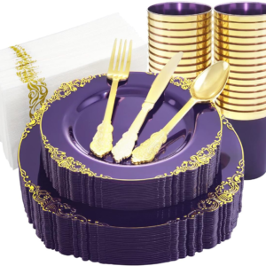 Purple & Gold Dinnerware Set for 25 Guests — view 11