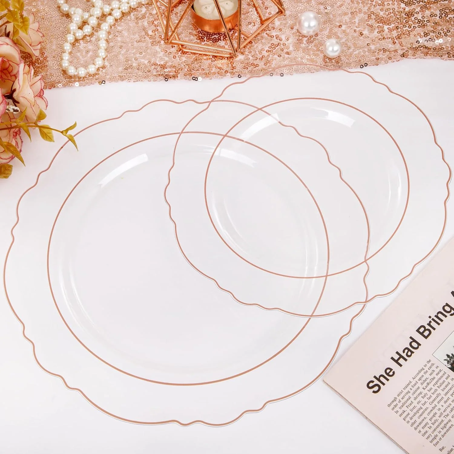 Clear Rose Gold Baroque Plastic Plates (100 Pieces) — view 14