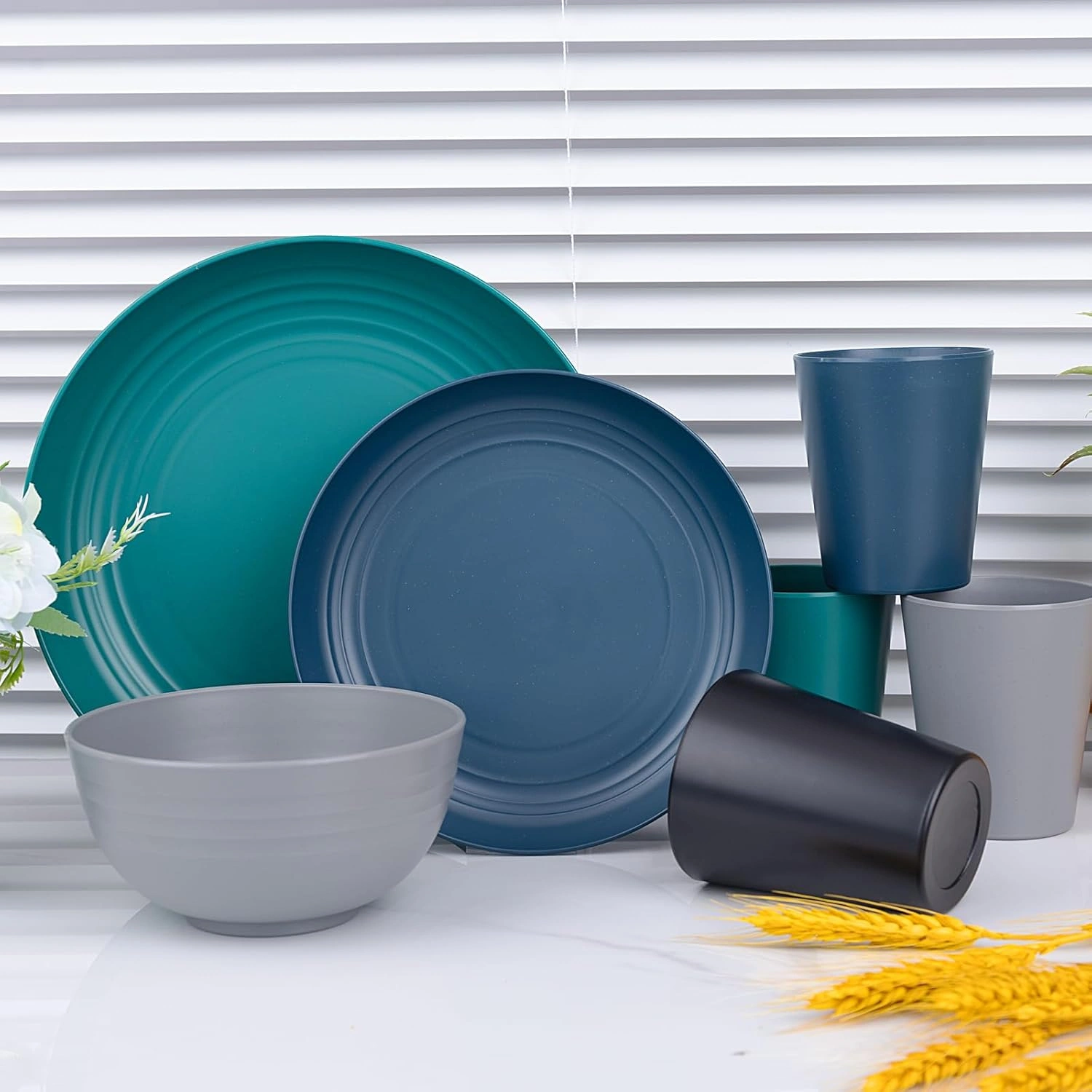 Blue & Green & Grey & Black Wheat Straw Dinnerware Sets,Unbreakable Dinner Plates for 8,Microwave Dishwasher Safe,Reusable ,Set Plates, Bowls, Cups. — view 14