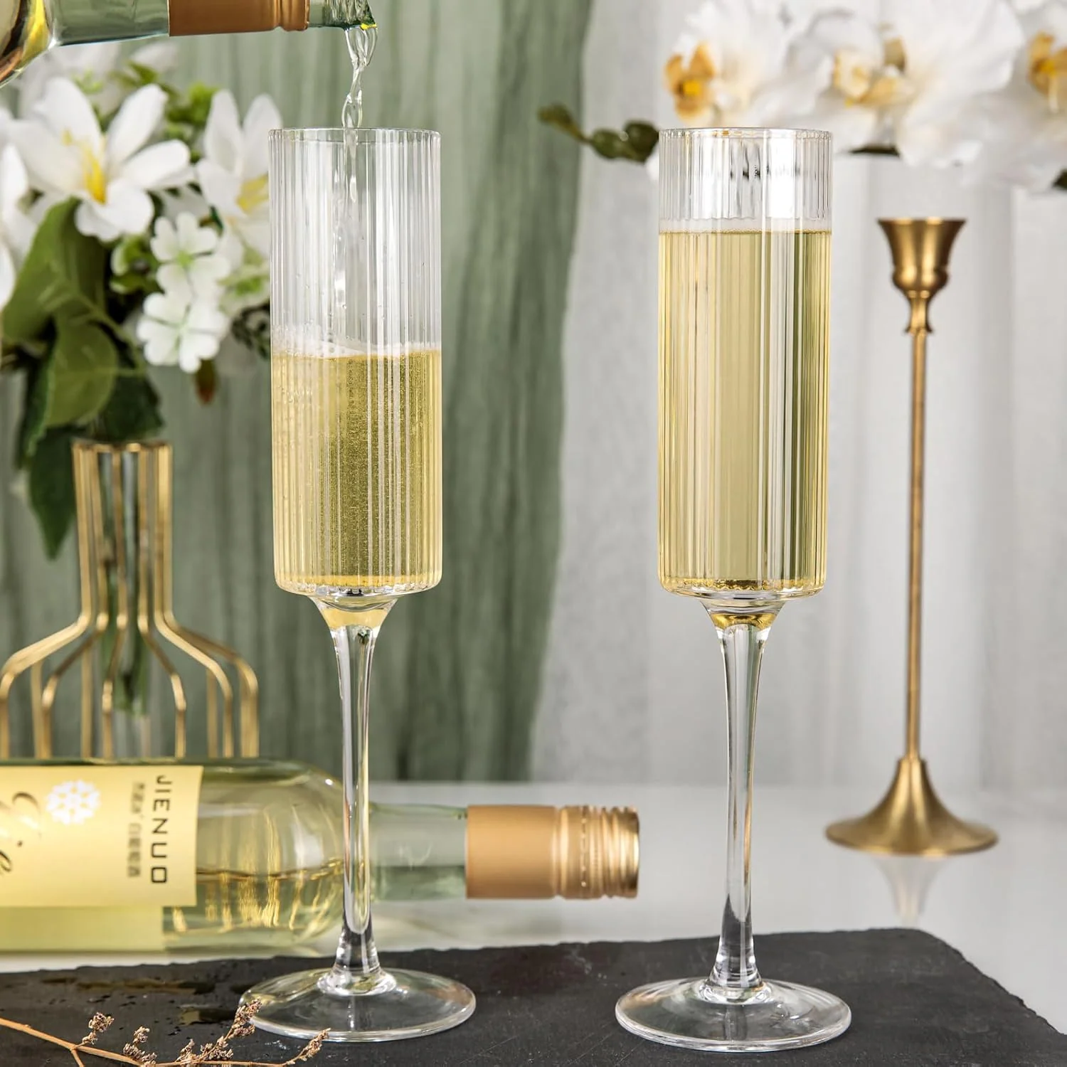 Long Stem Champagne Flutes, Ribbed Crystal, Hand Blown (6 oz) — view 12