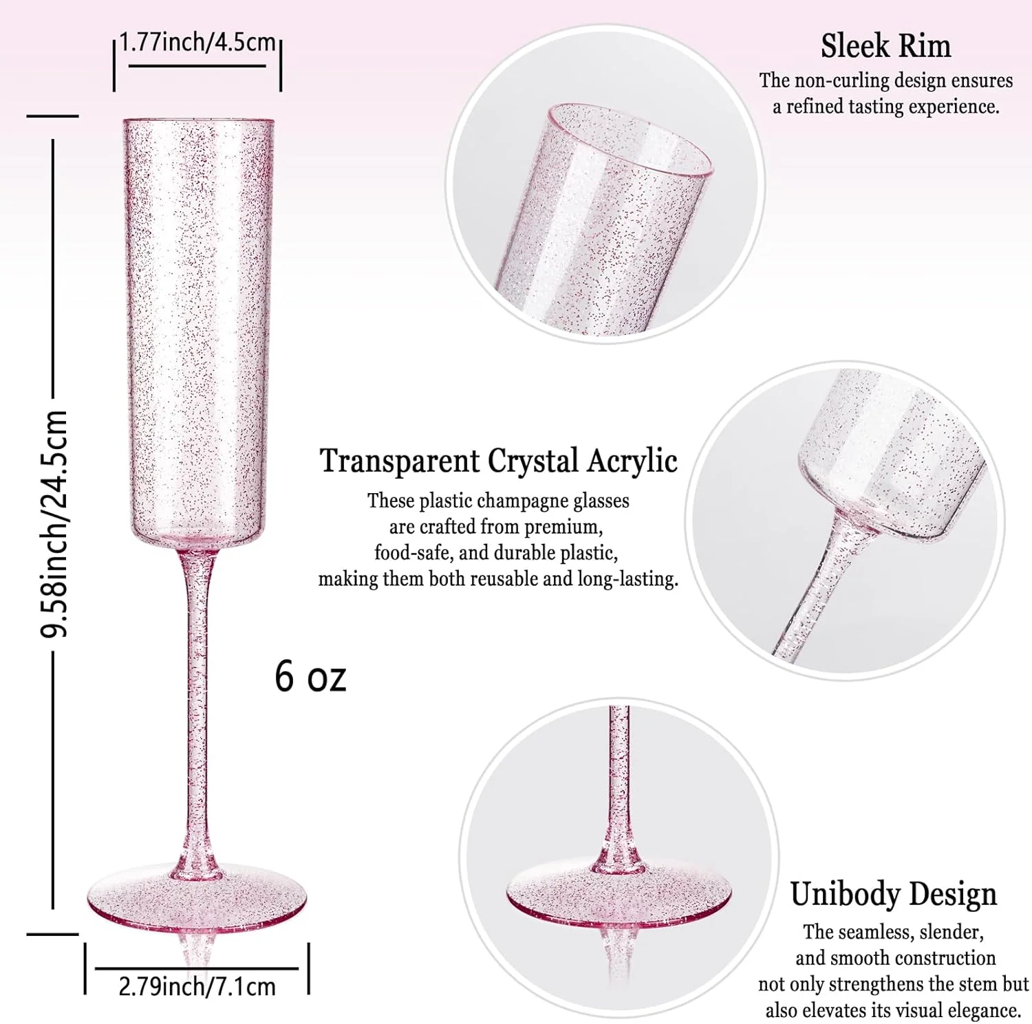 Rose Gold Glitter YOUBET Champagne Flutes Plastic — view 13