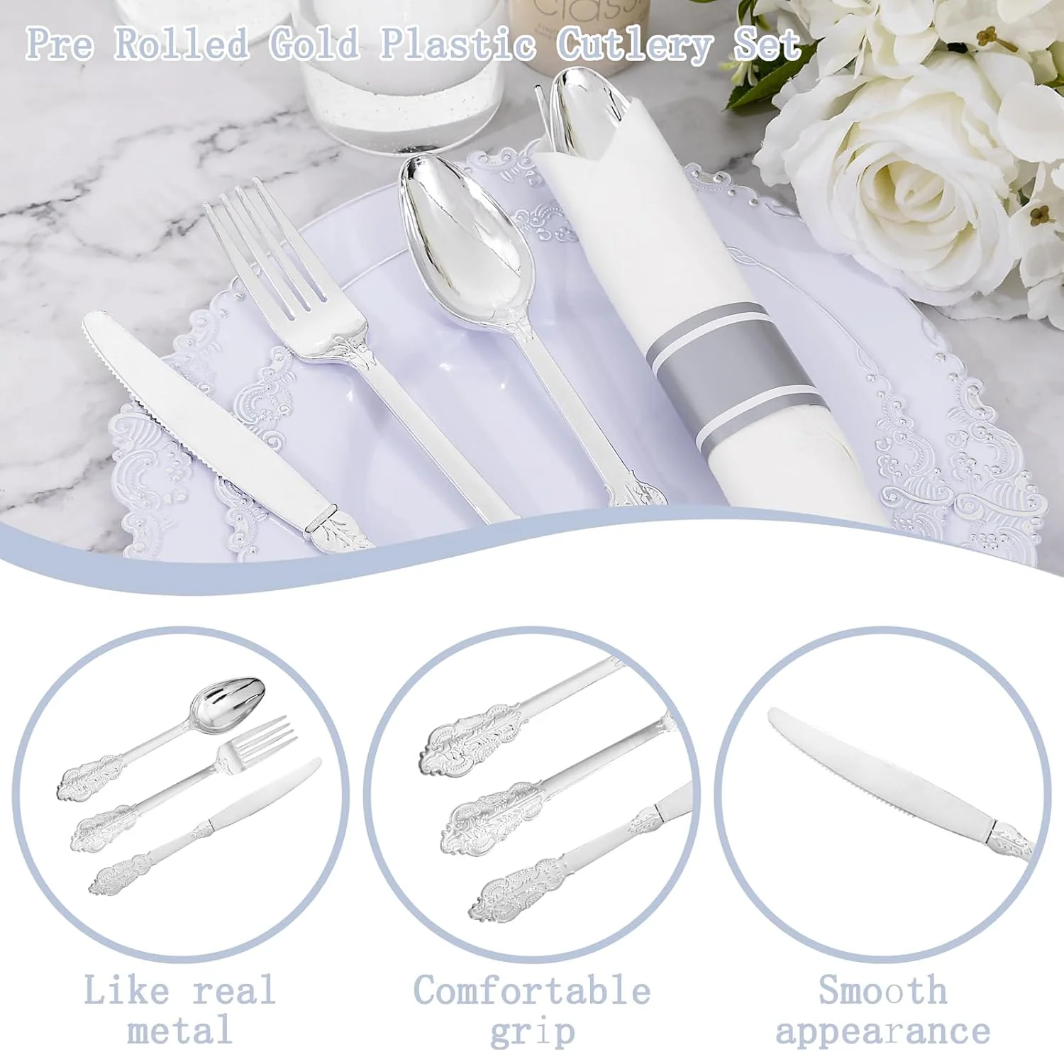 Silver Fancy Pre Rolled Plastic Silverware Sets — view 16