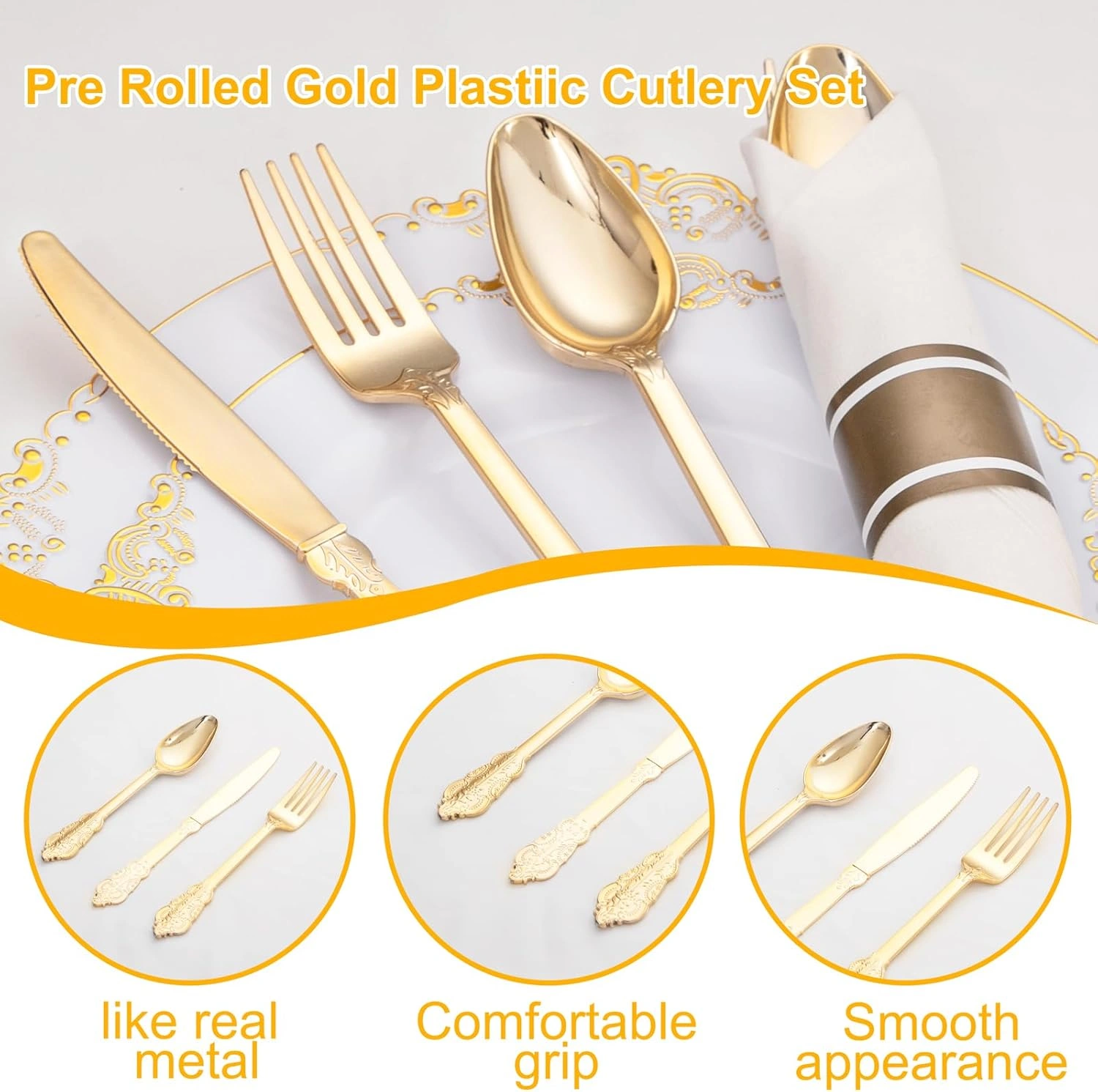 Gold Fancy Pre Rolled Plastic Silverware Sets — view 15