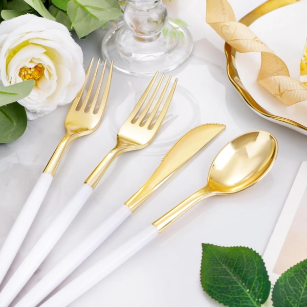 Gold Cutlery Set with White Handles — view 13