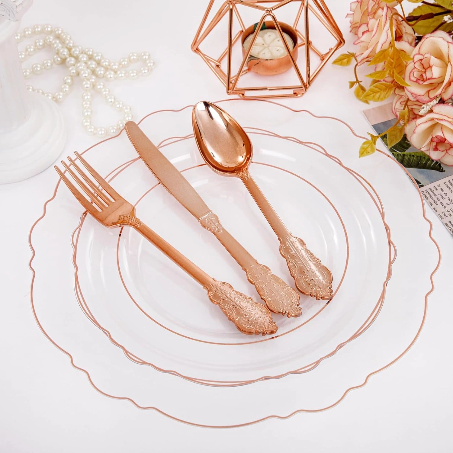 Clear Rose Gold Baroque Plastic Plates (100 Pieces) — view 16