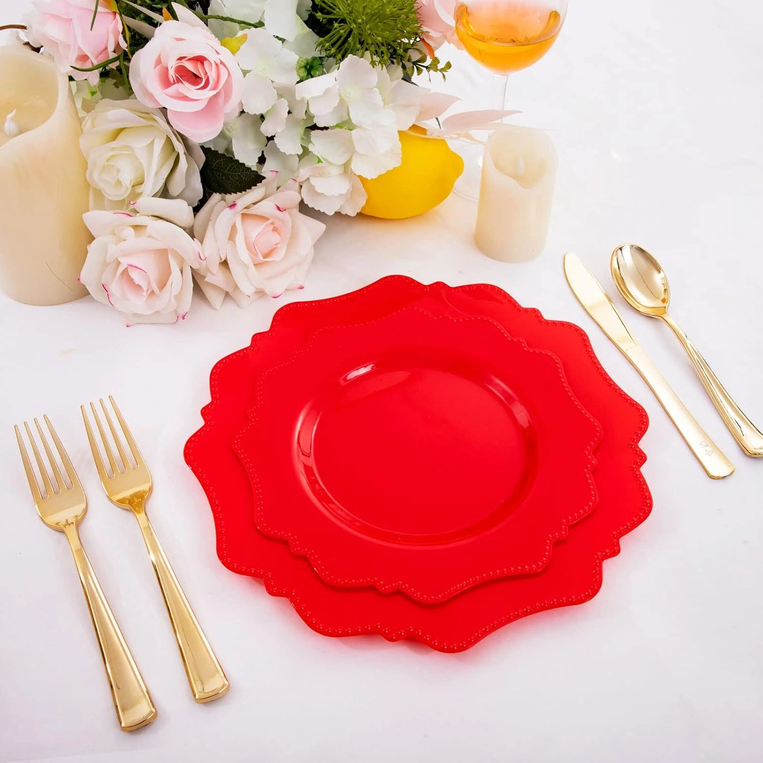 Red Disposable Plastic Plates-Heavy duty plate for party/wedding/anniversary 30 dinner plates and 30 dessert/salad plates — view 12