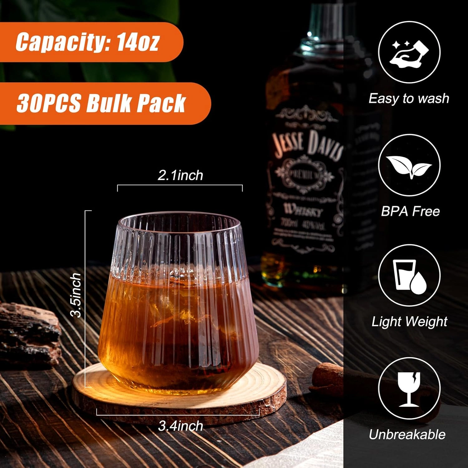 Reusable Plastic Wine Glasses, 30-Pack, Ribbed Design (14 oz, 30 Pack) — view 13