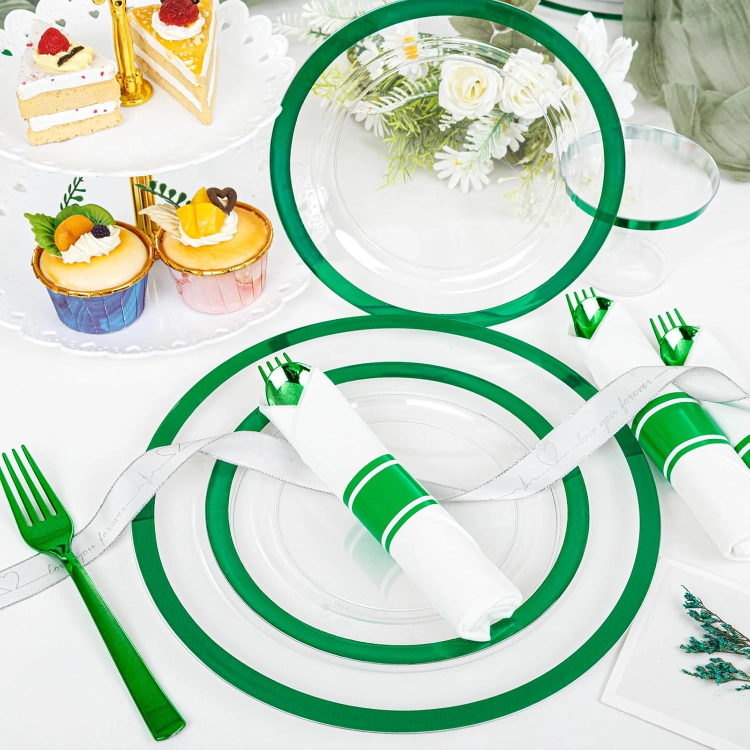 Clear Green Dark Plastic Plates, Disposable Plates for , Dinnerware Include 50 Dinner Plates 50 Dessert Plates, 50 Cups, 50 Pre Rolled Napkins with Cutlery Set for Party — view 12