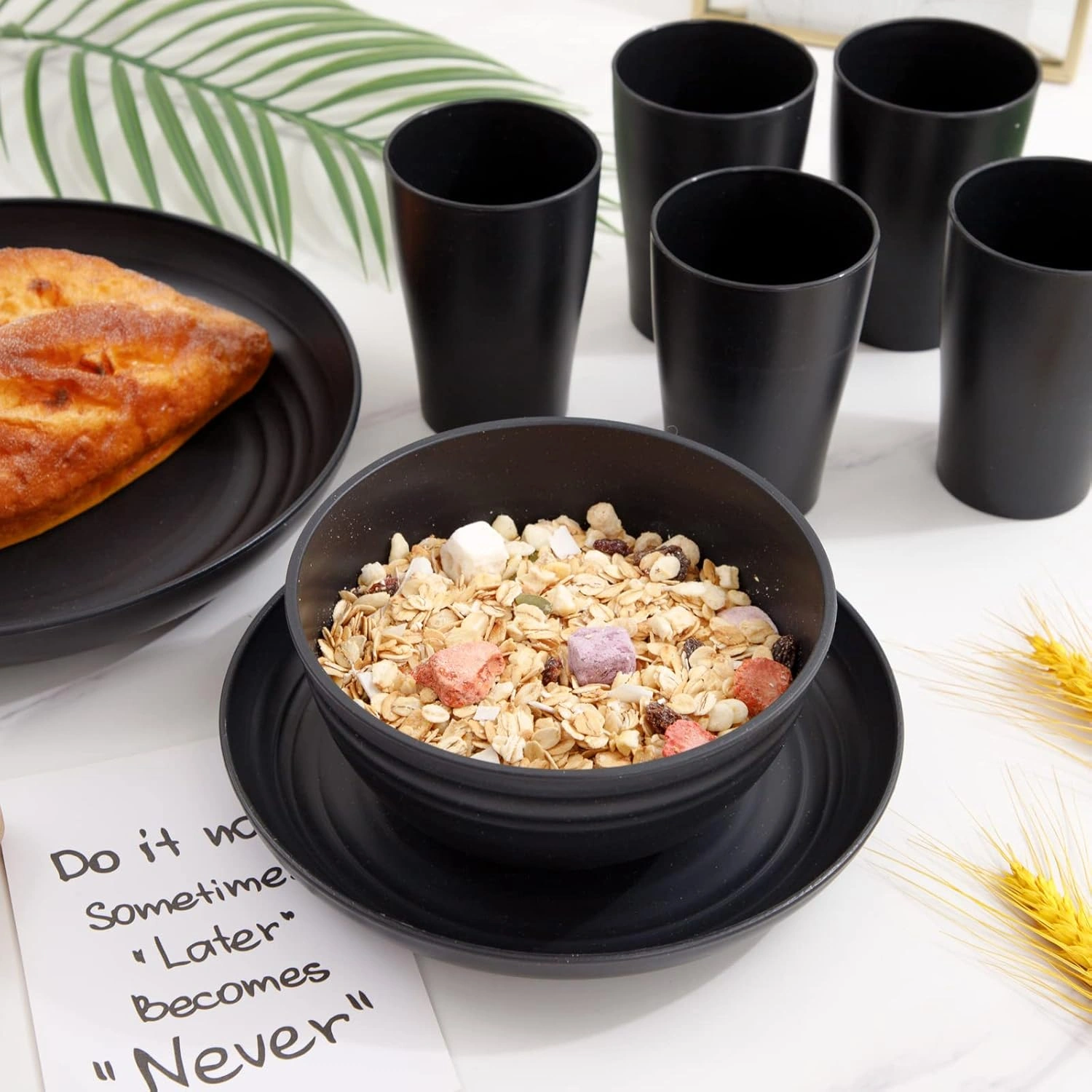 Black Wheat Straw Dinnerware Sets,Unbreakable Dinner Plates for 8,Microwave Dishwasher Safe,Reusable ,Set Plates, Bowls, Cups. — view 12