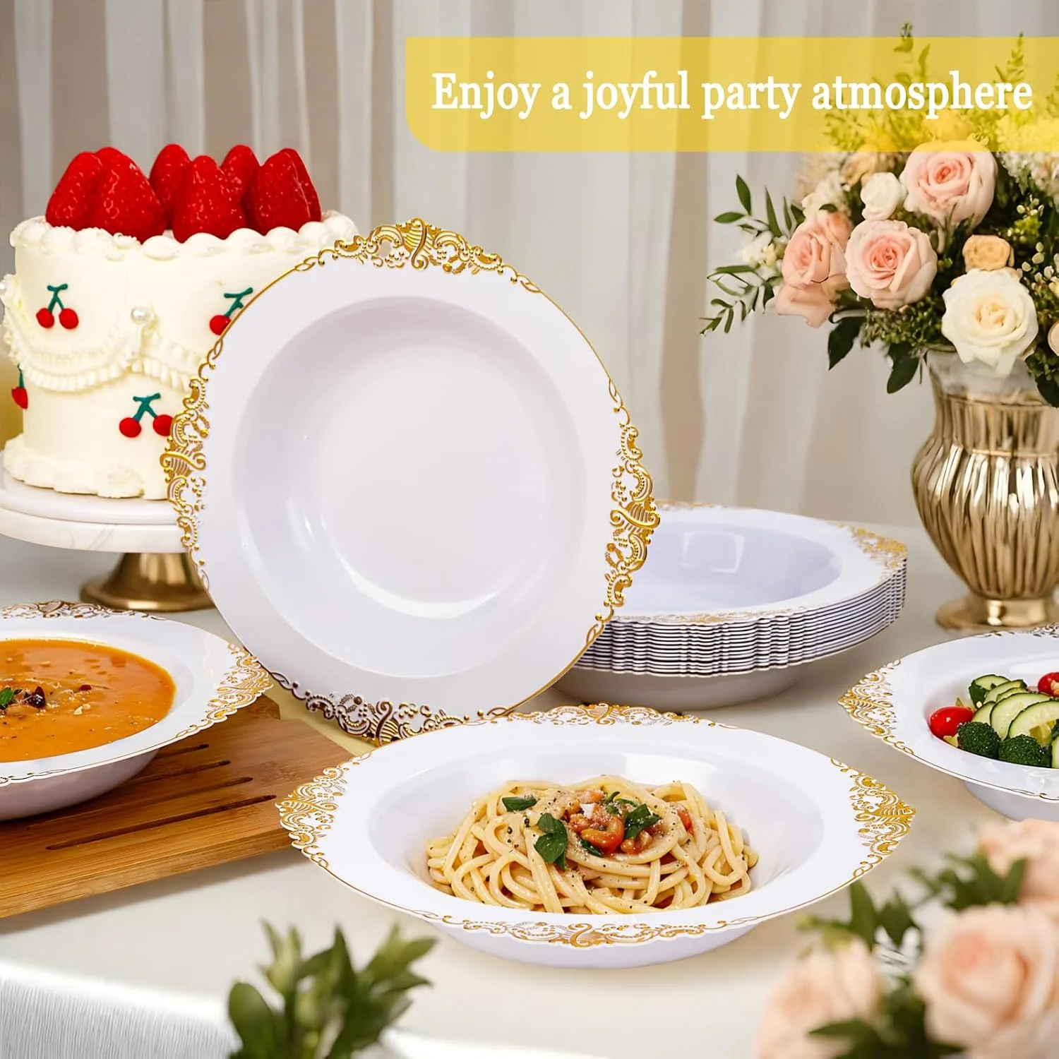 Gold Plastic Bowls- 12 oz White Disposable Salad Bowls — view 12