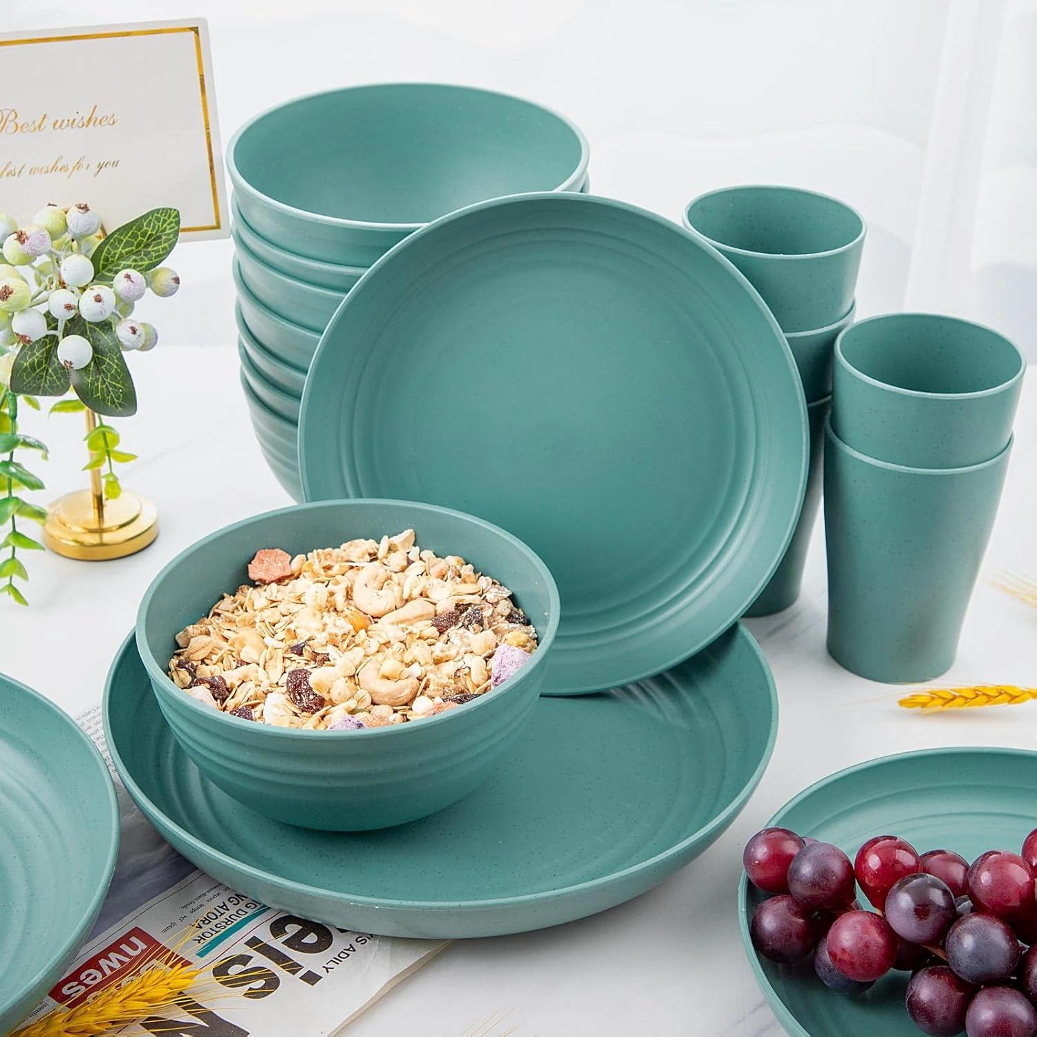 Dark Green Wheat Straw Dinnerware Sets for 8,Microwave Dishwasher Safe,Unbreakable ,Reusable Tableware Set,Beige Set Plates, Bowls, Cups. — view 15