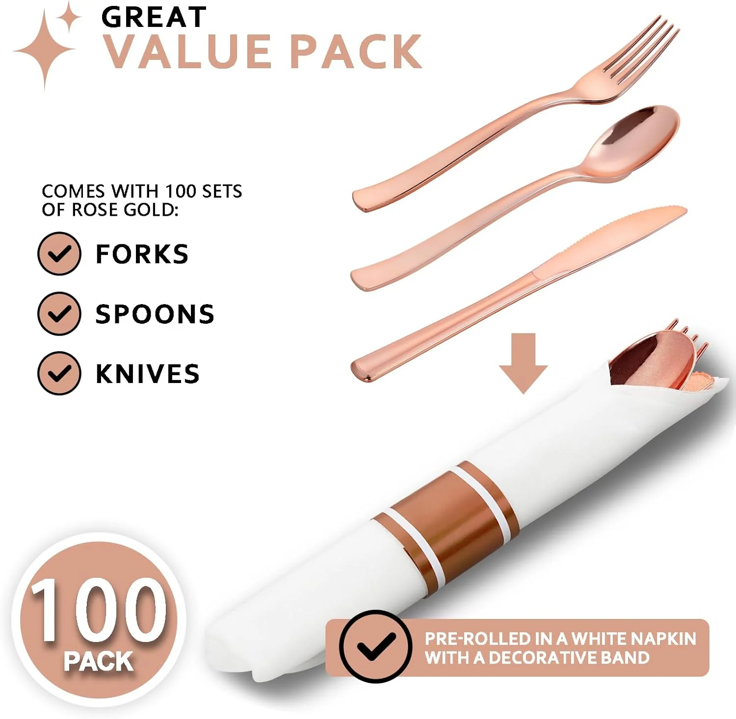 Rose Gold Classic Pre Rolled Plastic Silverware Sets — view 14