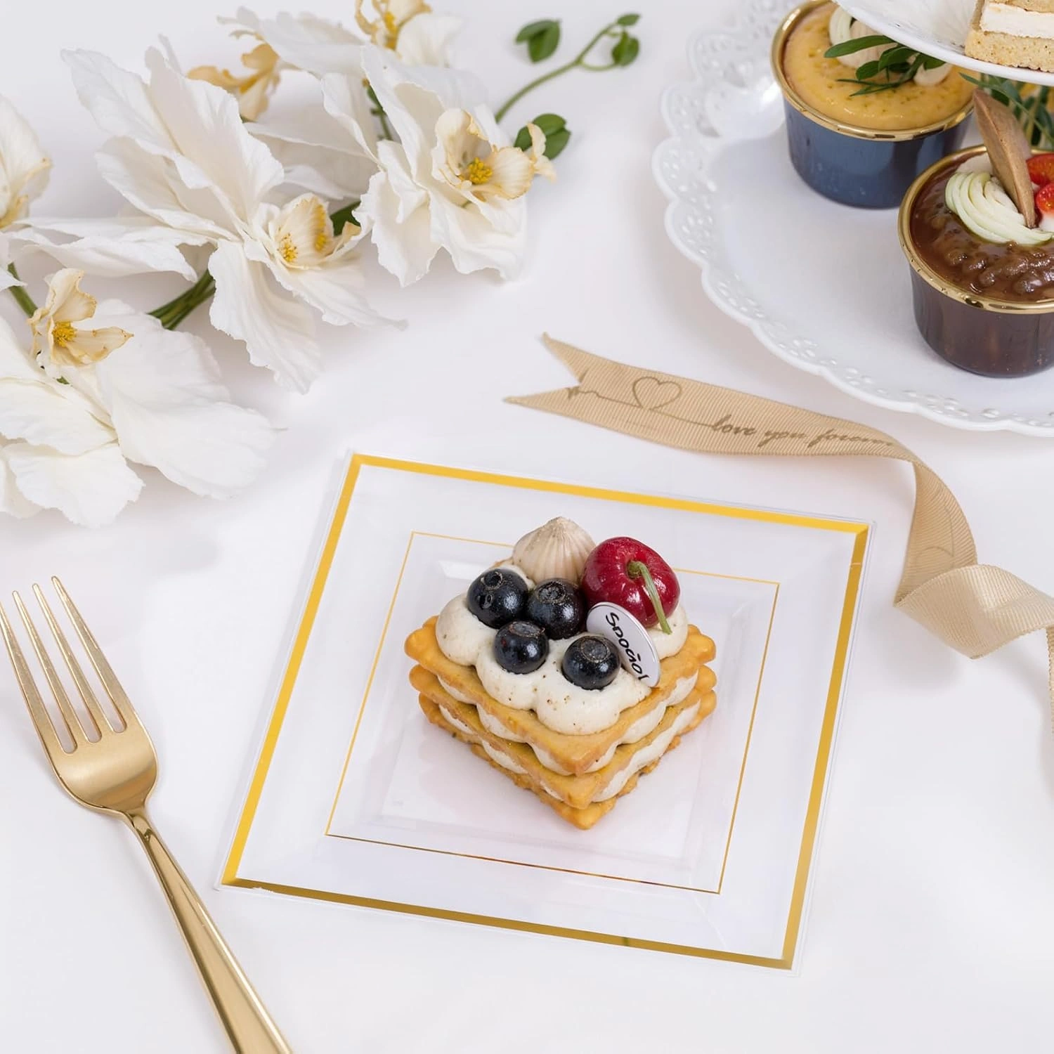 Clear Gold Square Plastic Plates-6inch Disposable Cake Plates- Premium Hard Square Small Appetizer Plates for Wedding/Party — view 12