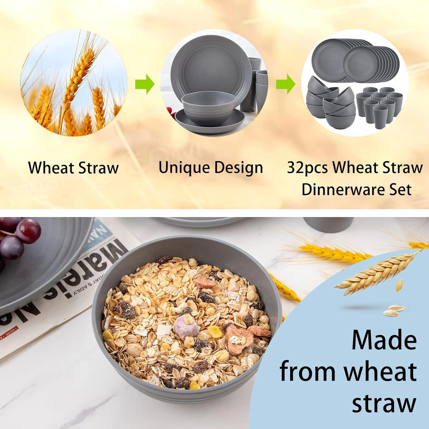 Dark Grey Wheat Straw Dinnerware Sets,Unbreakable Dinner Plates for 8,Microwave Dishwasher Safe,Reusable ,Set Plates, Bowls, Cups. — view 14
