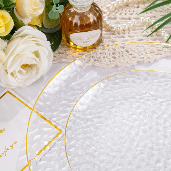 Clear Gold Plastic Plates,Disposable Plates With Rim,Heavy-duty Plates,Hammered Party Plates Include 30Clear Dessert-Platos,30Dinner-Platos for Wedding, Party — view 12