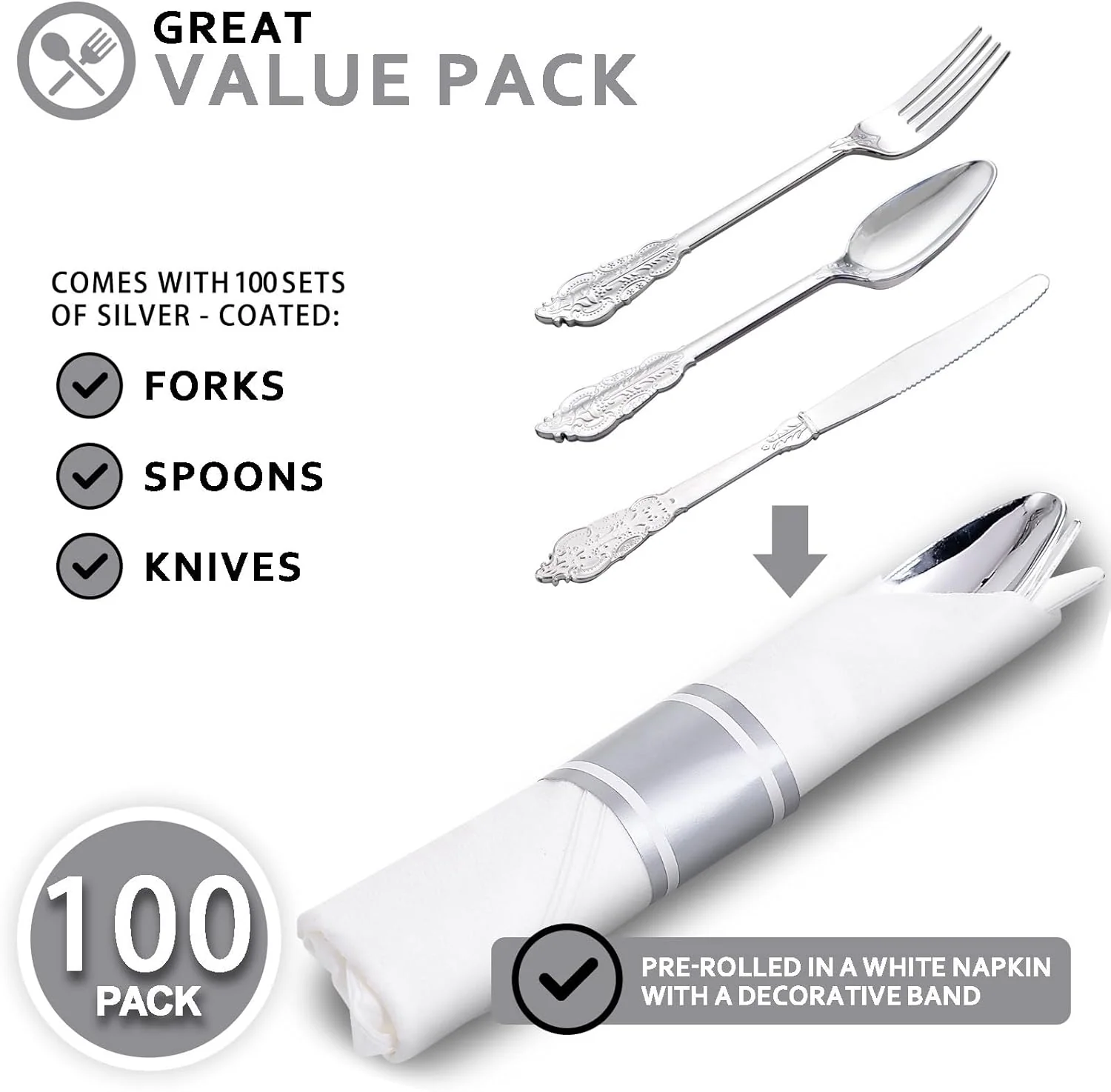 Silver Fancy Pre Rolled Plastic Silverware Sets — view 15