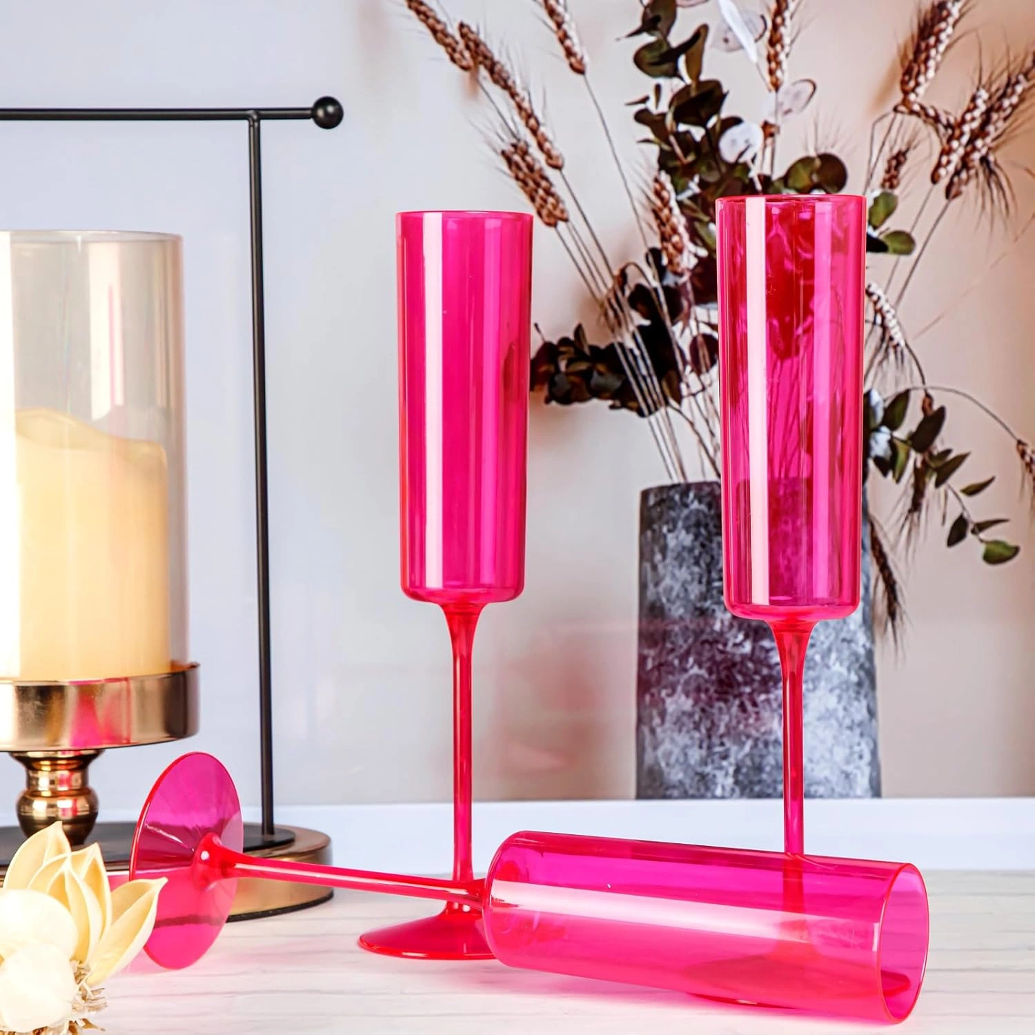Hot Pink Square Plastic Champagne Flutes, Steammed, Clear Design (6 oz) — view 15