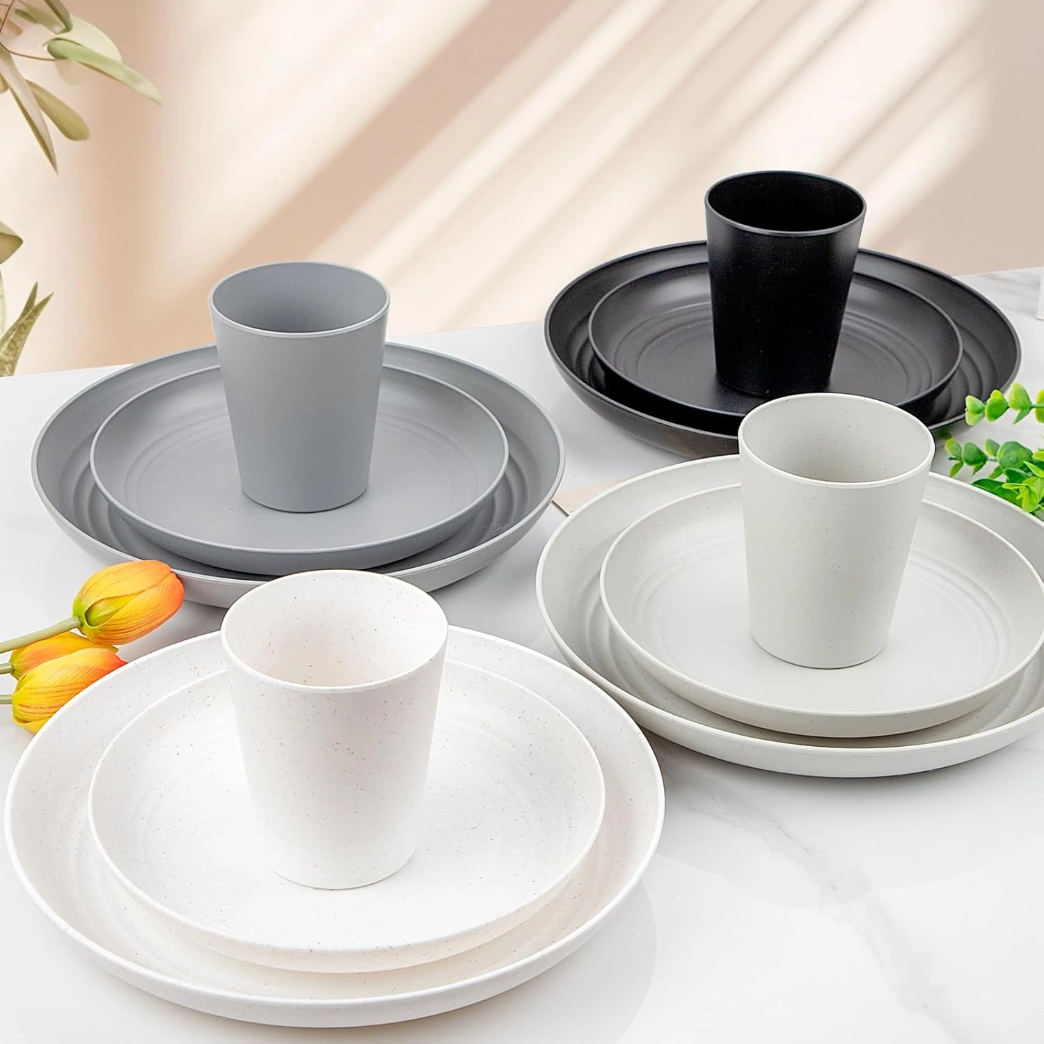 White & Black & Grey & Dark Grey Wheat Straw Dinnerware Sets,Unbreakable Dinner Plates for 8,Microwave Dishwasher Safe,Reusable ,Set Plates, Bowls, Cups. — view 14