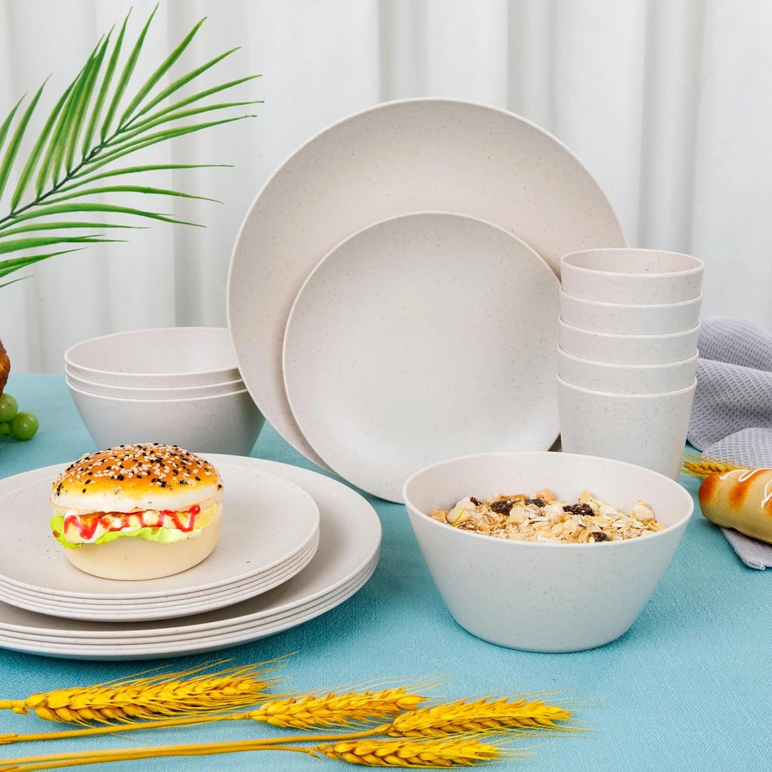 Beige Wheat Straw Dinnerware With Sets,Unbreakable Dinner Plates for 8,Microwave Dishwasher Safe,Reusable ,Set Plates, Bowls, Cups. — view 15