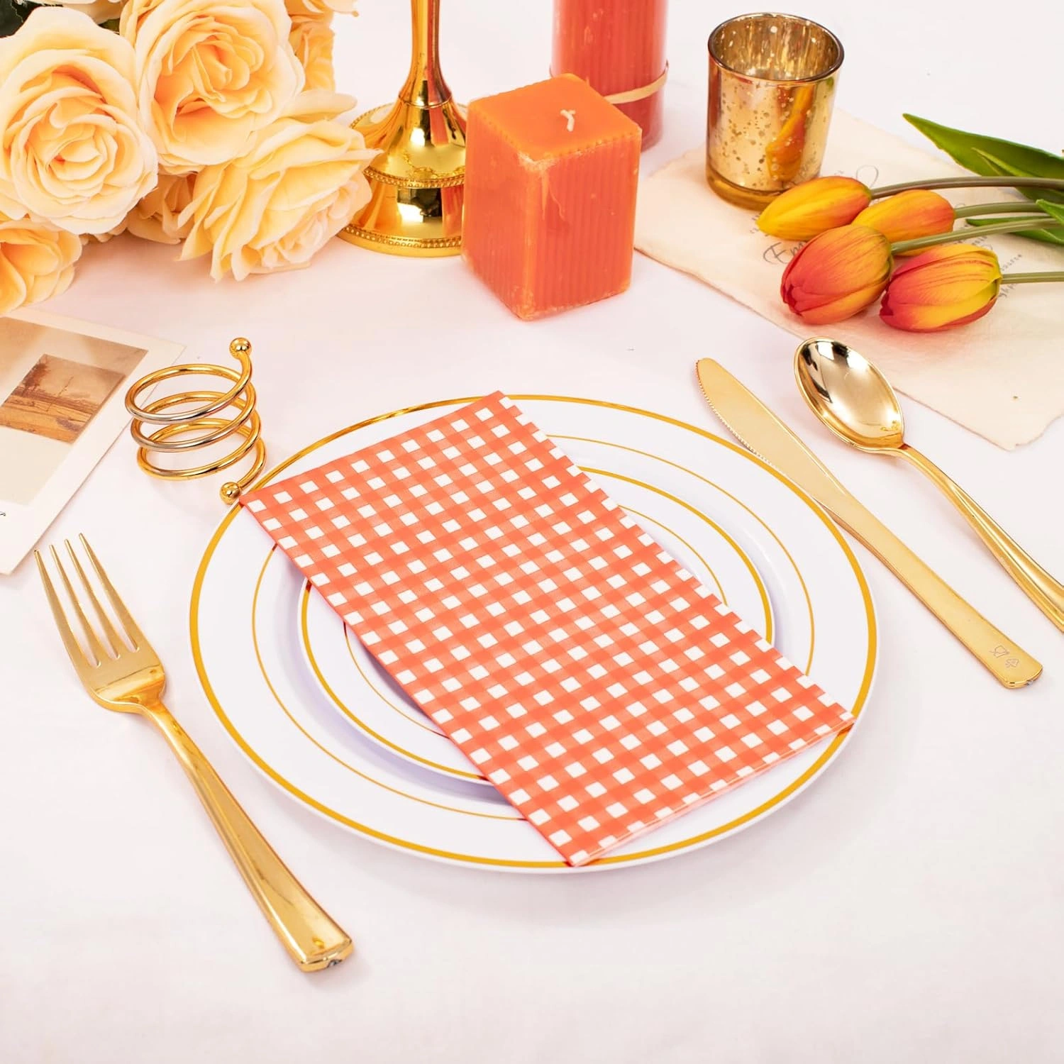 Orange Gingham Paper Napkins — view 14