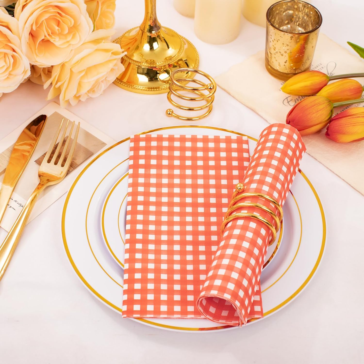 Orange Gingham Paper Napkins — view 10