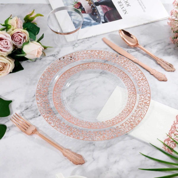 Clear Rose Gold Dark Plastic Plates, Disposable Plates for , Dinnerware Include 50 Dinner Plates 50 Dessert Plates, 50 Cups, 50 Pre Rolled Napkins with Cutlery Set for Party — view 14