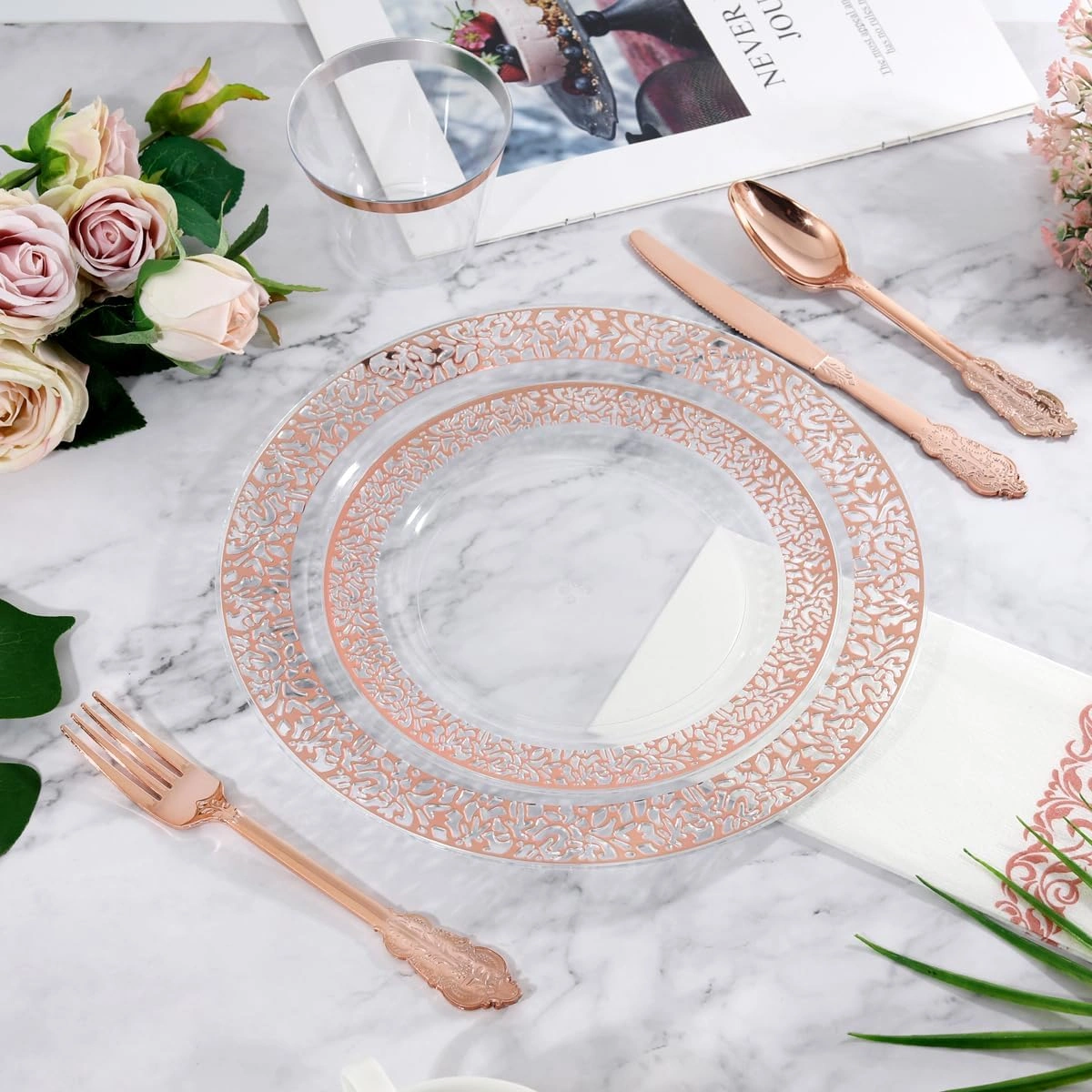Clear Rose Gold Dark Plastic Plates, Disposable Plates for , Dinnerware Include 50 Dinner Plates 50 Dessert Plates, 50 Cups, 50 Pre Rolled Napkins with Cutlery Set for Party — view 14
