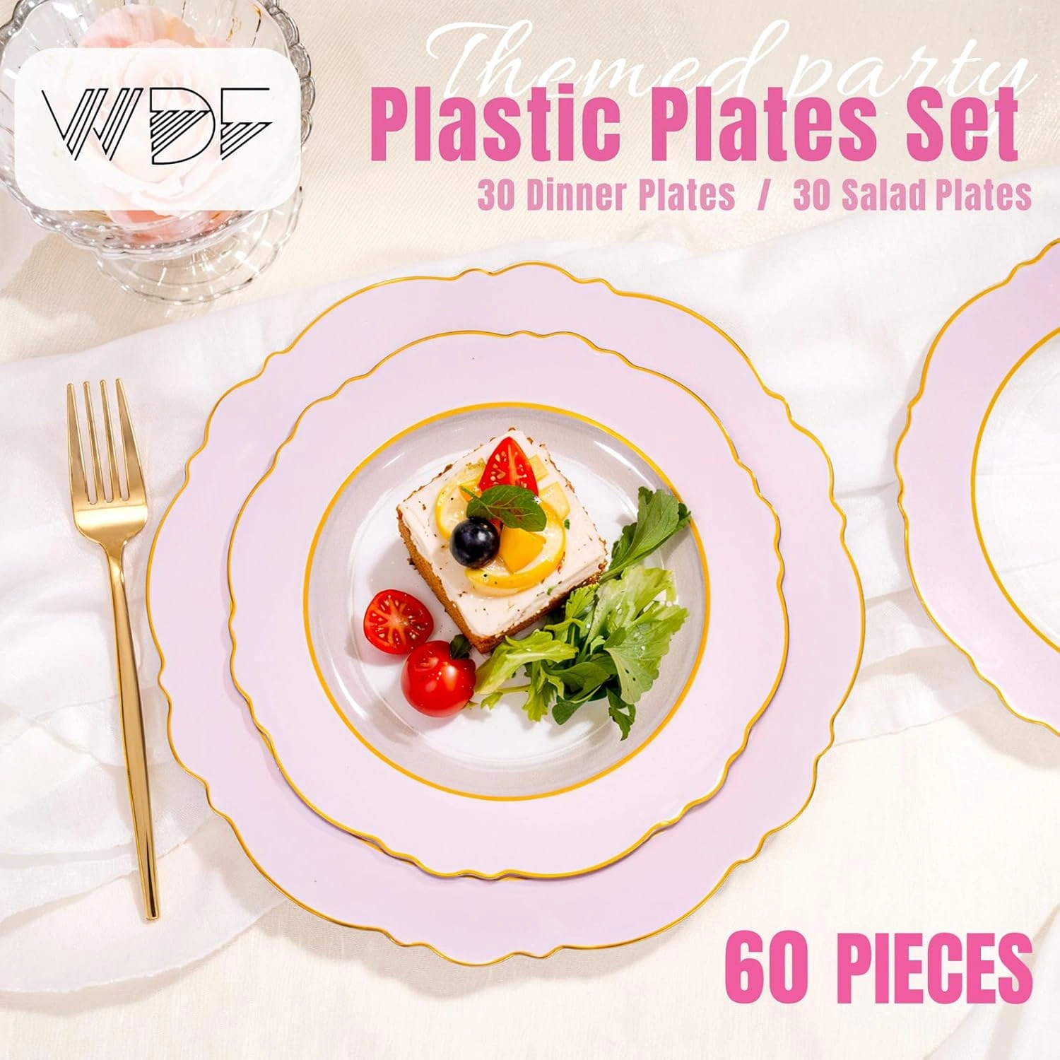 Clear Pink With Gold Rim Baroque Plastic Plates (60 Pieces) — view 14