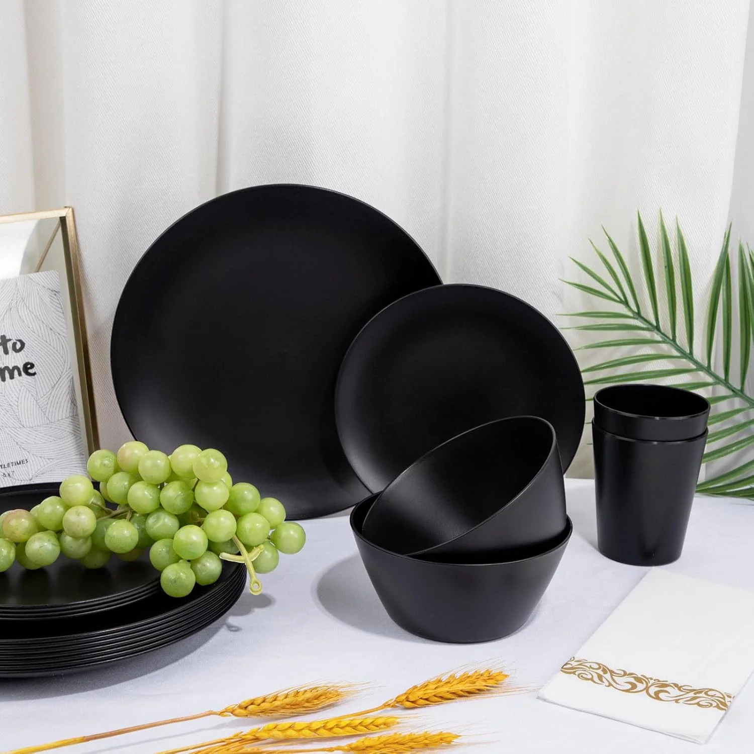 Black Wheat Straw Dinnerware With Sets,Unbreakable Dinner Plates for 8,Microwave Dishwasher Safe,Reusable ,Set Plates, Bowls, Cups. — view 12