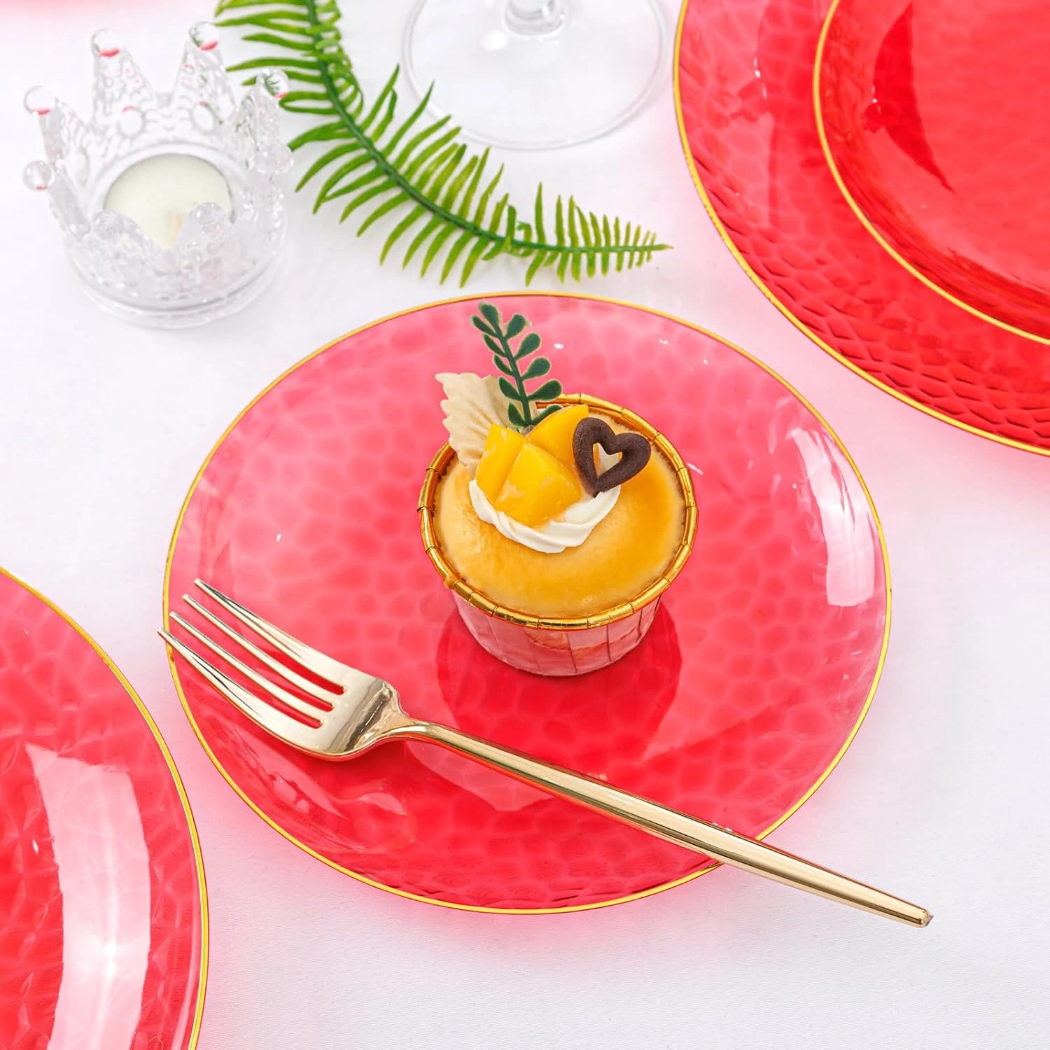 Clear Red Gold Plastic Plates,Disposable Plates With Rim,Heavy-duty Plates,Hammered Party Plates Include 30Clear Dessert-Platos,30Dinner-Platos for Wedding, Party (60 Pieces) — view 14