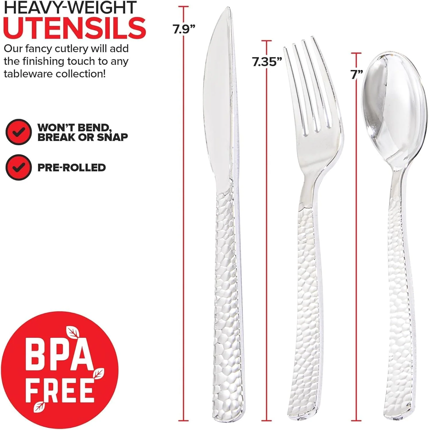 Silver Hammered Pre Rolled Plastic Silverware Sets — view 13