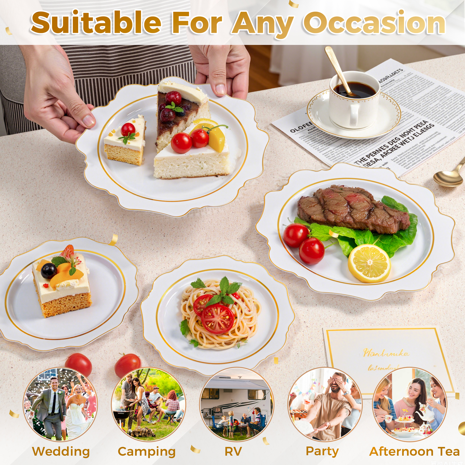 White And Gold Plastic Plates with Rim (100 Pieces) — view 14