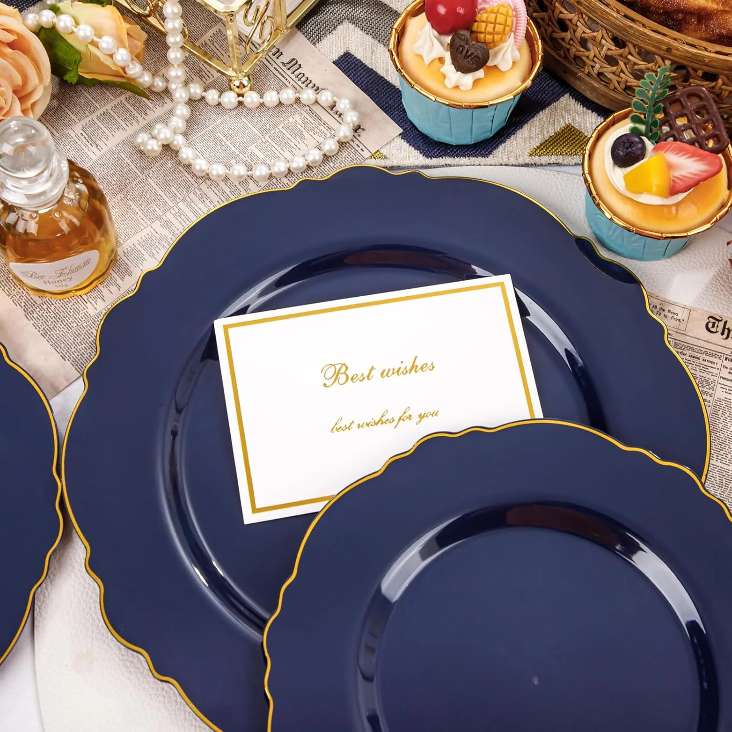 Blue And Gold Baroque Plastic Plates (100 Pieces) — view 14