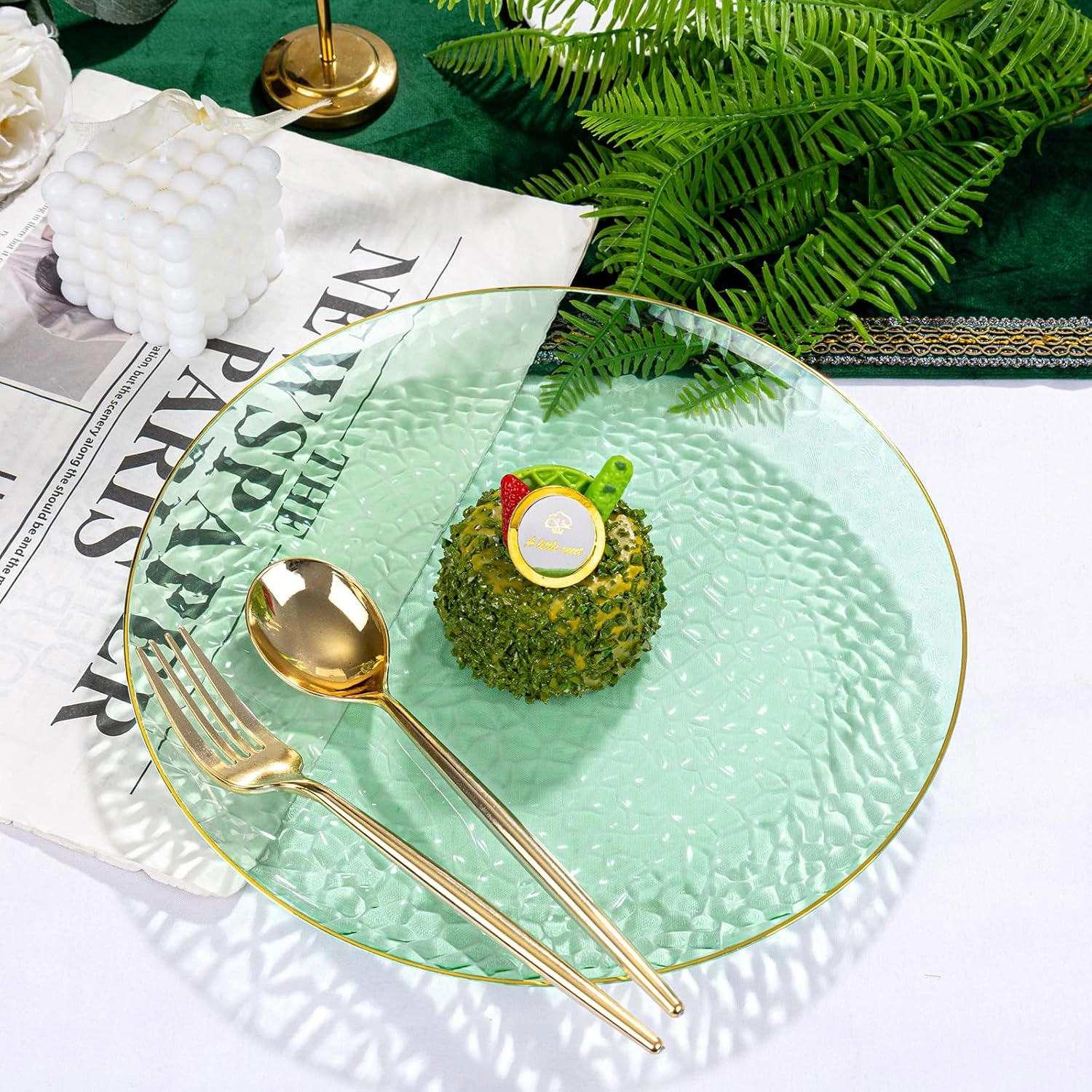 Clear Green Gold Plastic Plates,Disposable Plates With Rim,Heavy-duty Plates,Hammered Party Plates Include 30Clear Dessert-Platos,30Dinner-Platos for Wedding, Party — view 14