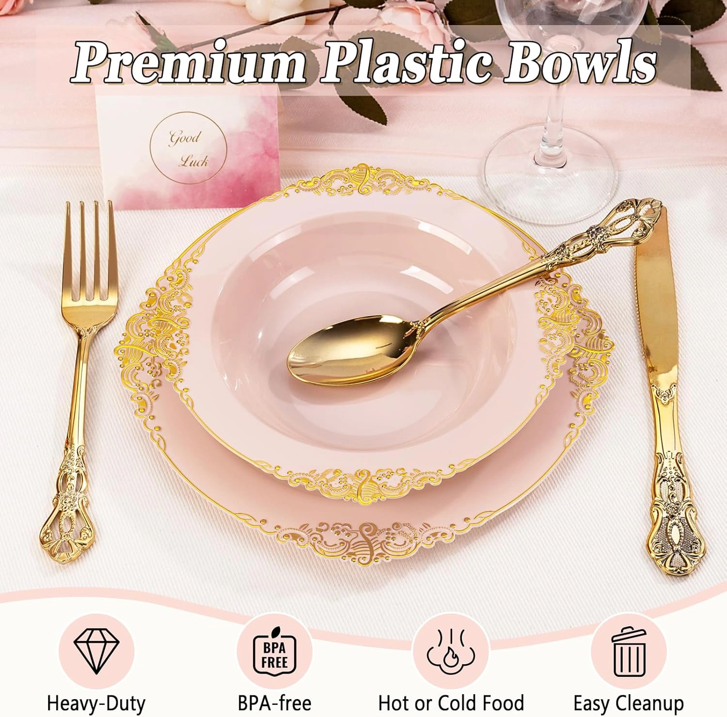Pink Plastic Bowls- 12 oz White Disposable Salad Bowls — view 14