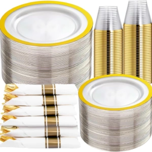 Clear Gold Dark Plastic Plates, Disposable Plates for , Dinnerware Include 50 Dinner Plates 50 Dessert Plates, 50 Cups, 50 Pre Rolled Napkins with Cutlery Set for Party — view 10