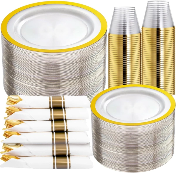 Clear Gold Dark Plastic Plates, Disposable Plates for , Dinnerware Include 50 Dinner Plates 50 Dessert Plates, 50 Cups, 50 Pre Rolled Napkins with Cutlery Set for Party — view 10