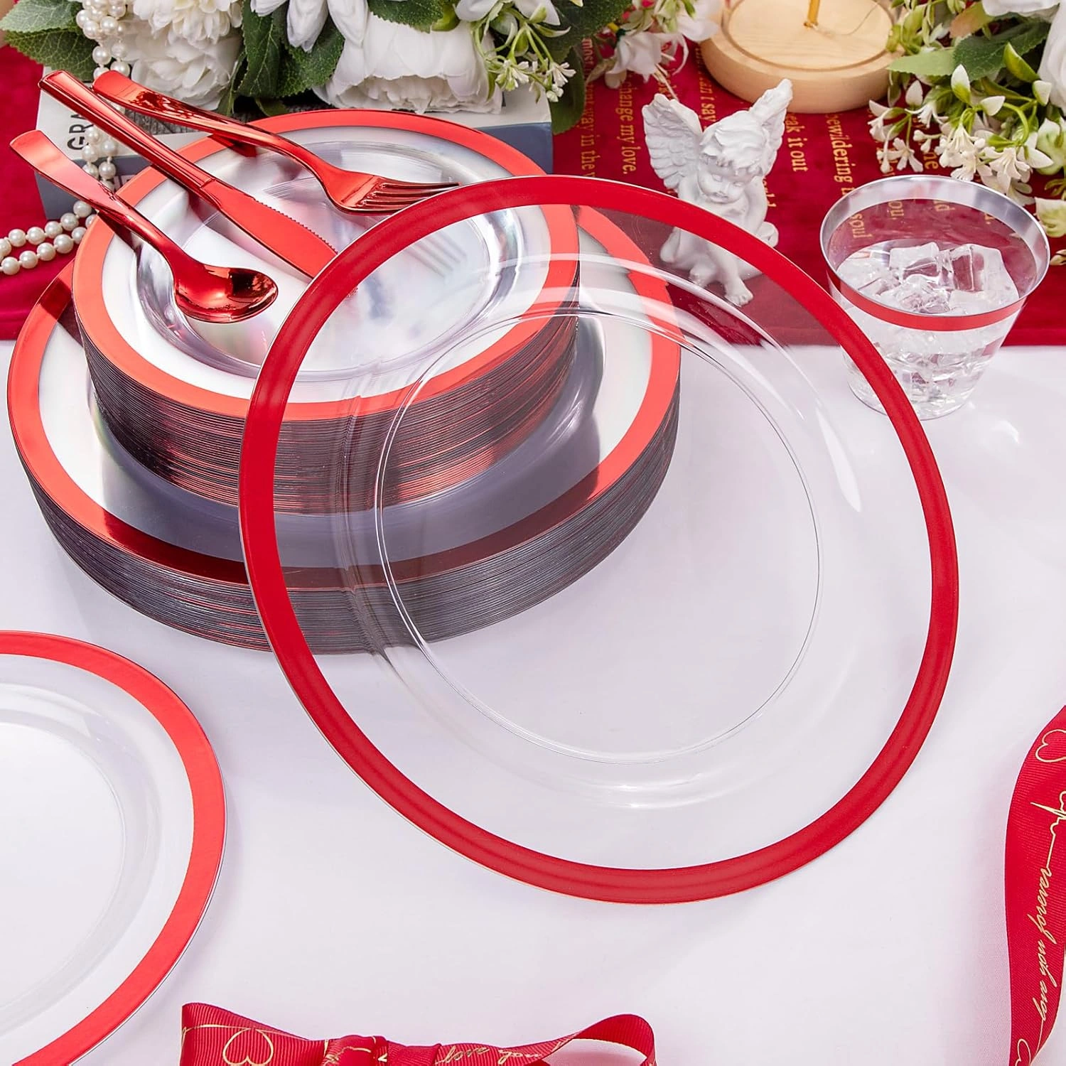 Clear Red Dark Plastic Plates, Disposable Plates for , Dinnerware Include 50 Dinner Plates 50 Dessert Plates, 50 Cups, 50 Pre Rolled Napkins with Cutlery Set for Party — view 11