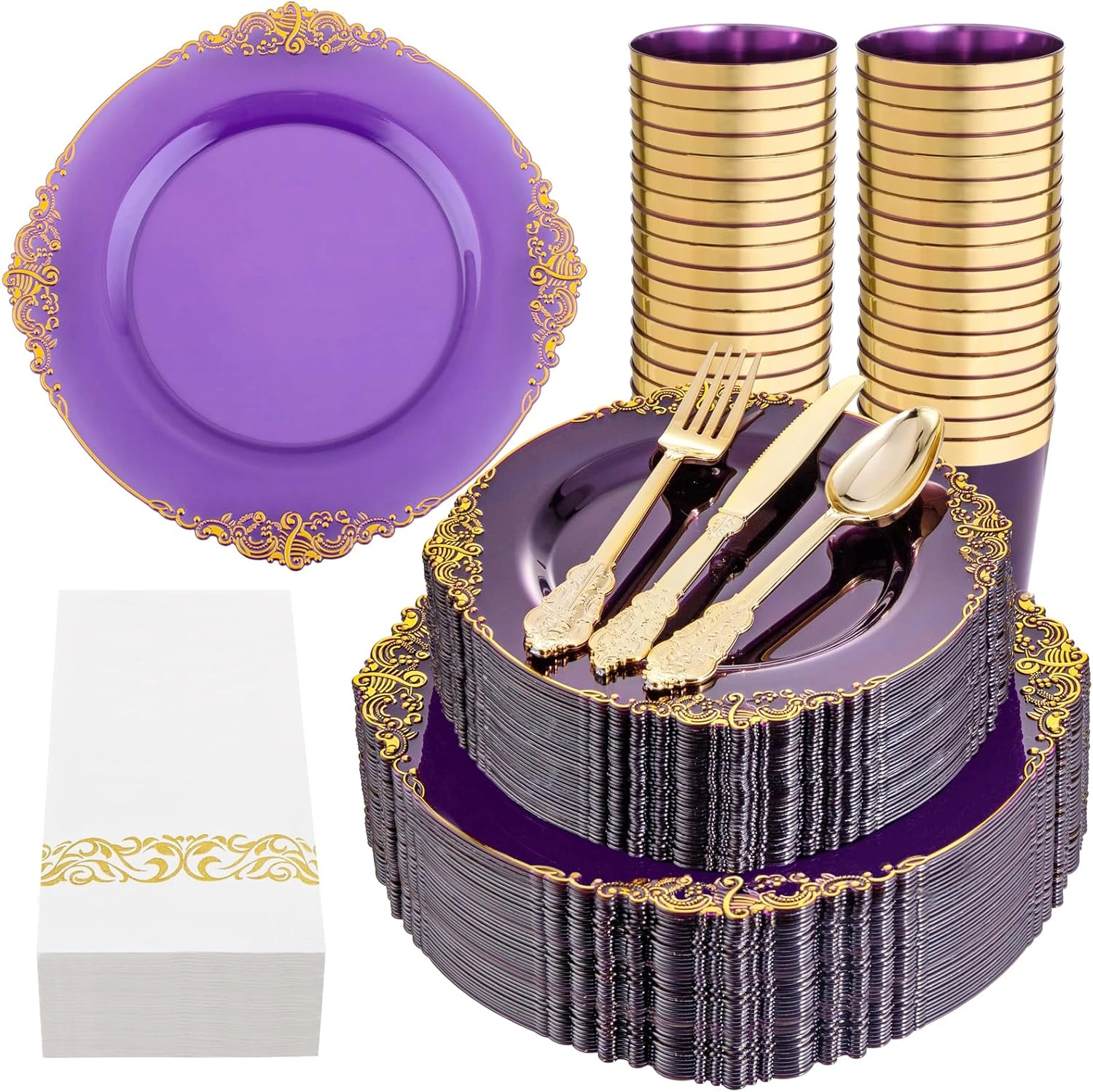Purple & Gold Dinnerware Set for 50 Guests — view 11
